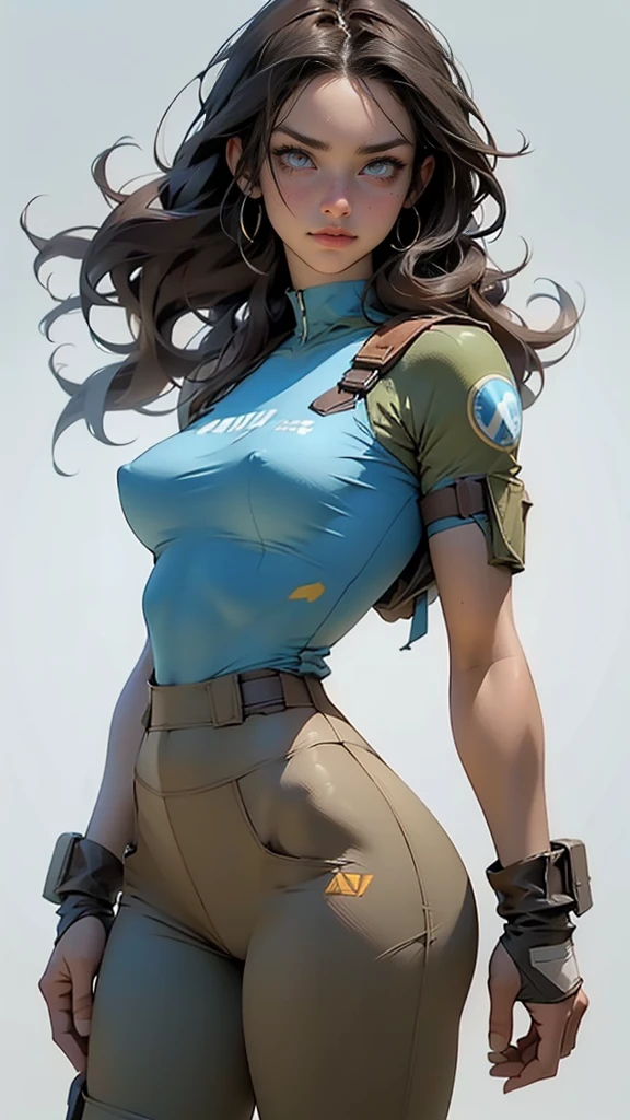 LARA CROFT., LARA CROFT COSTUME (light-blue top, brown bottoms)
Side view,,gritty hair fit body enormous breasts (protuding erect nipples) slim thighs slim waist long hair blushing determination, 8k, Detalle extremo,More detailed 8K.motor irreal:1.4,UHD,La mejor calidad:1.4, fotorrealista:1.4, textura de la piel:1.4, obra maestra:1.8,obra-prima, mejor calidad,objeto Objeto], (detailed face features:1.3),(Traje de piloto:1.4)
