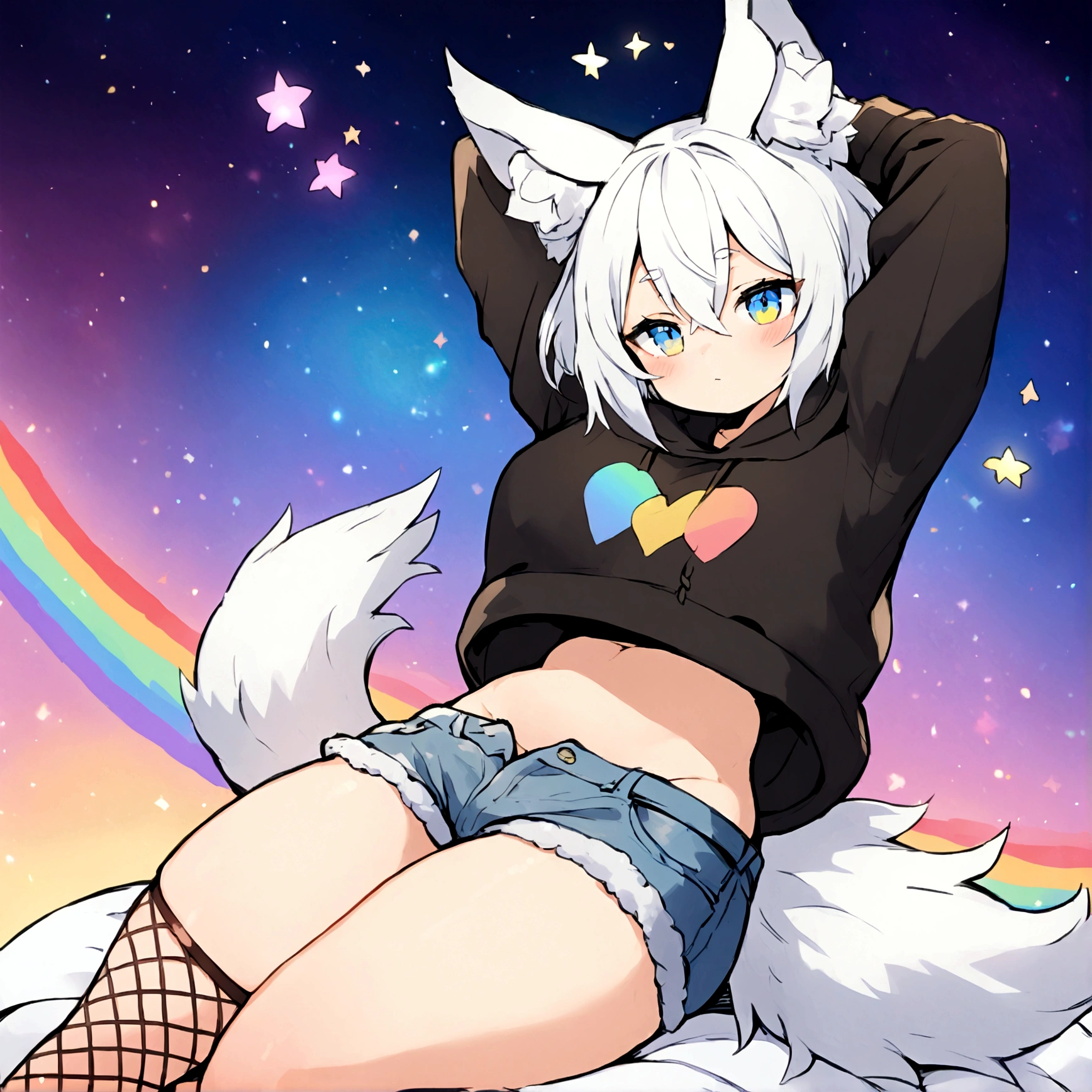 a cute adult male with wolf ears, white hair, has a wolf tail, wearing a loose cropped oversized black hoodie, wearing a pair of denim short shorts and fishnet stockings, thick thighs, wide hips, relaxing on mound of fluffy multi colored kawaii plushies, short, very slim, showing slender tummy, stretching out, heart on hoodie, squishy thighs, has glowing blue eyes. alone, solo (ALONE)(SOLO), surrounded by rainbows, colorful galaxy backround