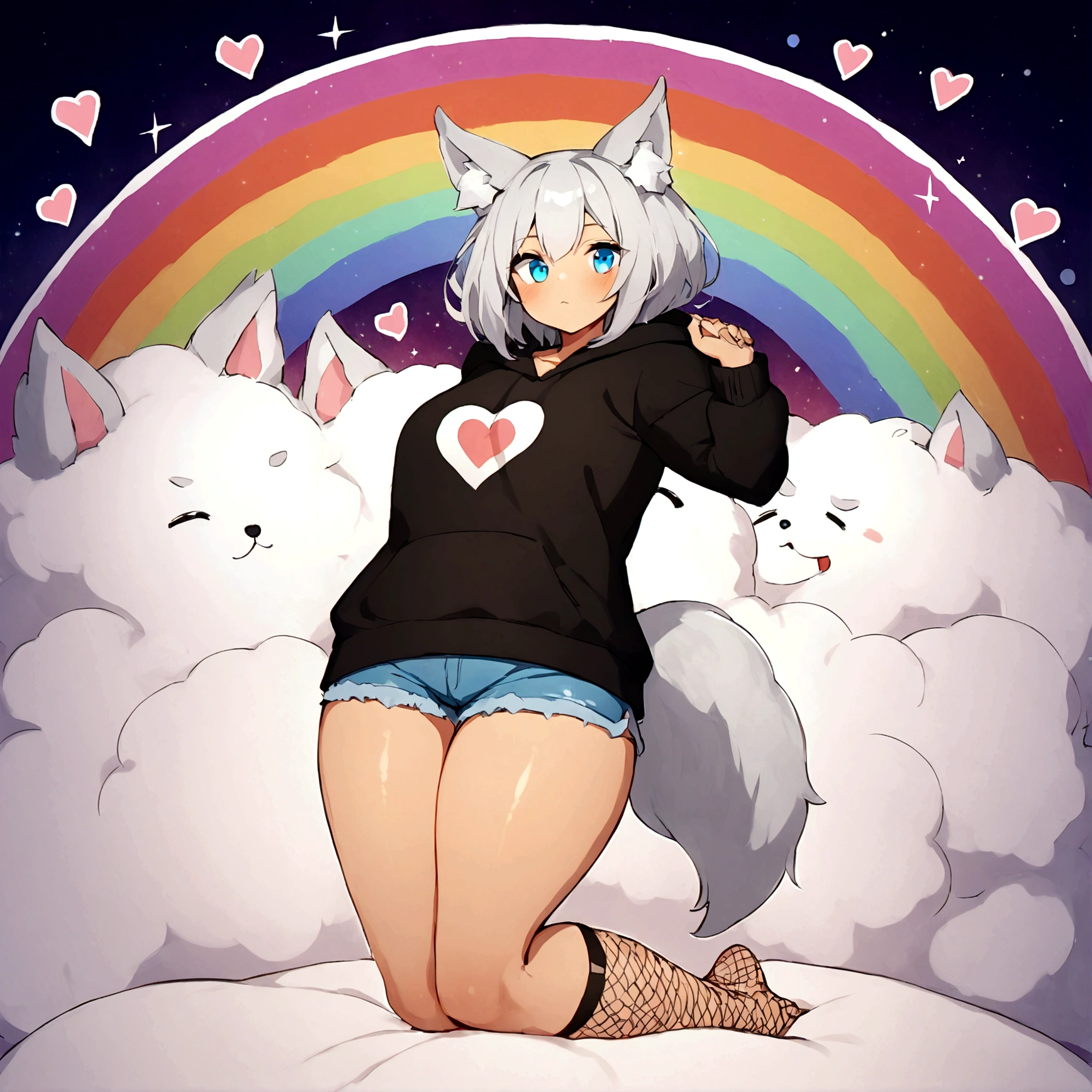 a cute adult male with wolf ears, white hair, has a wolf tail, wearing a loose cropped oversized black hoodie, wearing a pair of denim short shorts and fishnet stockings, thick thighs, wide hips, relaxing on mound of fluffy multi colored kawaii plushies, short, very slim, showing slender tummy, stretching out, heart on hoodie, squishy thighs, has glowing blue eyes. alone, solo (ALONE)(SOLO), surrounded by rainbows, colorful galaxy backround