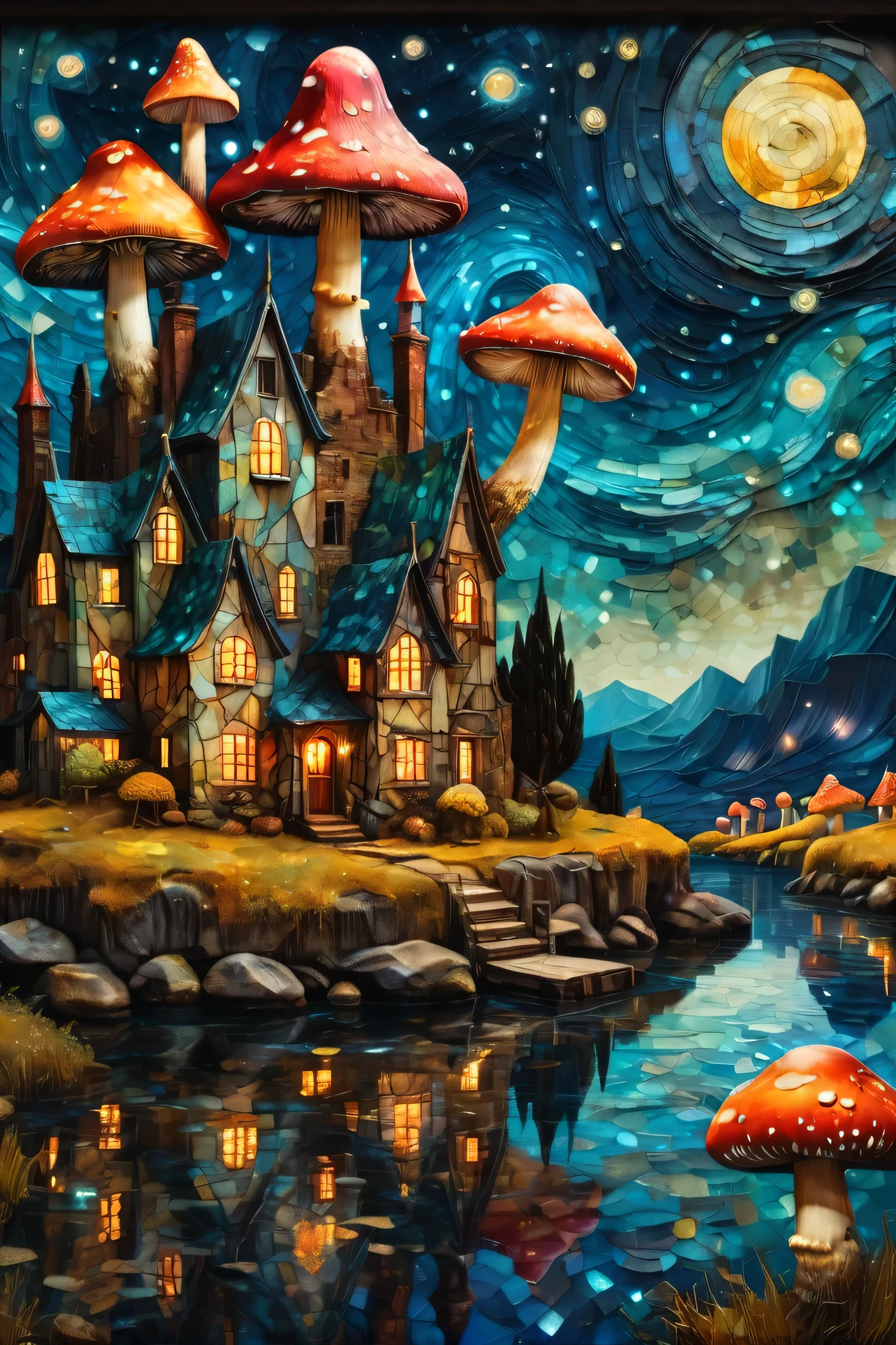 Fine art, Oil, highest quality, A dark tale, Van Gogh-style port town, (Peep Land:1.2)、Starry Sky, mushroom、mushroom、and Mumford, Andy Kehoe, 2D, flat, cute, Adorable, vintage art, Art on cracked paper, patchwork, Stained glass,  fairy tale, Detailed illustrations from a picture book, Academy Award-winning films, Very detailed, Finer details, Beautiful details, Mysterious, Luminism, Vibrant colors, Complex background
