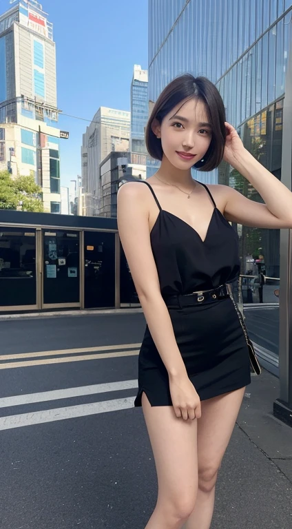 Full body ,masutepiece, Best Quality, Illustration, Ultra-detailed, finely detail, hight resolution, 8K Wallpaper, Perfect dynamic composition, Beautiful detailed eyes, Women's Fashion Summer,Shorthair,,Natural Color Lip, Bold sexy poses,Smile,Shinjuku、20 years girl、Cute、Sexy shot looking at camera