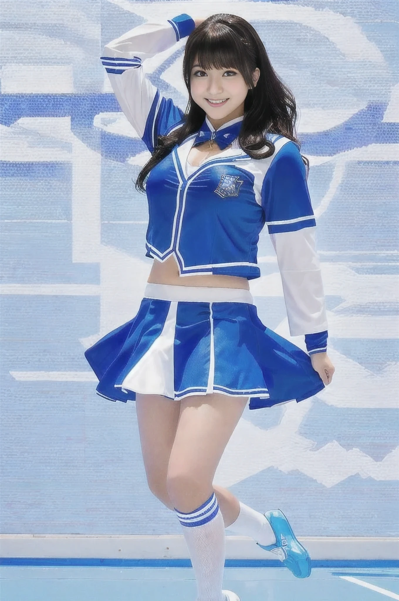Arabian woman taking a photo in a cheerleader outfit, mayuri shiina, Chiho, a teenage girl cheerleader, Magic Uniform university, Magic Uniform, Blue Uniform, yuuki hagure, Kazue Kato, Japanese mascot, Chiho ashima, sayori, Outfit with blue accents, macoto takahashi, fubuki, nagatoro