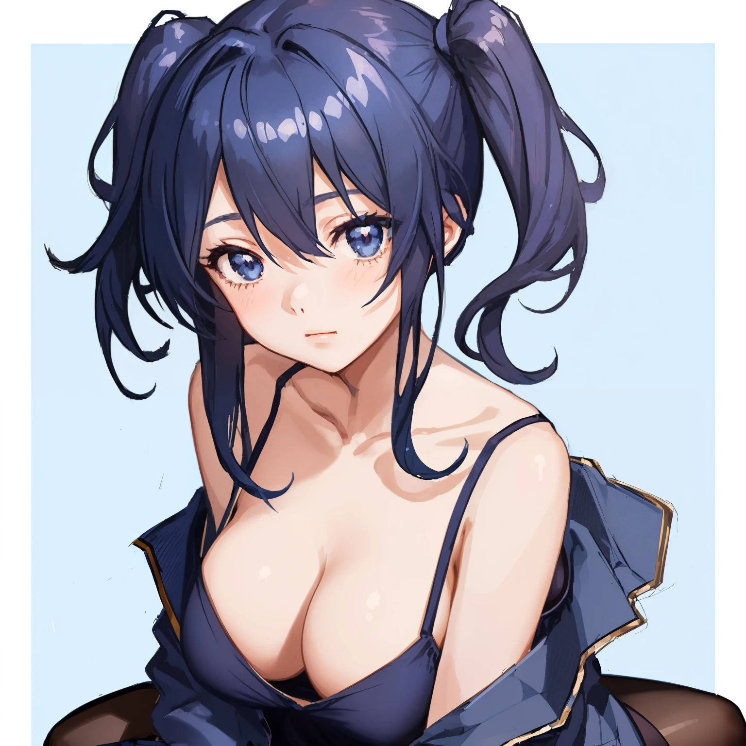 1girl, anime, navy_blue_layered_hair, flirty, sitting, medium_breasts, open_jacket, camisole, white_background, looking_at_viewer