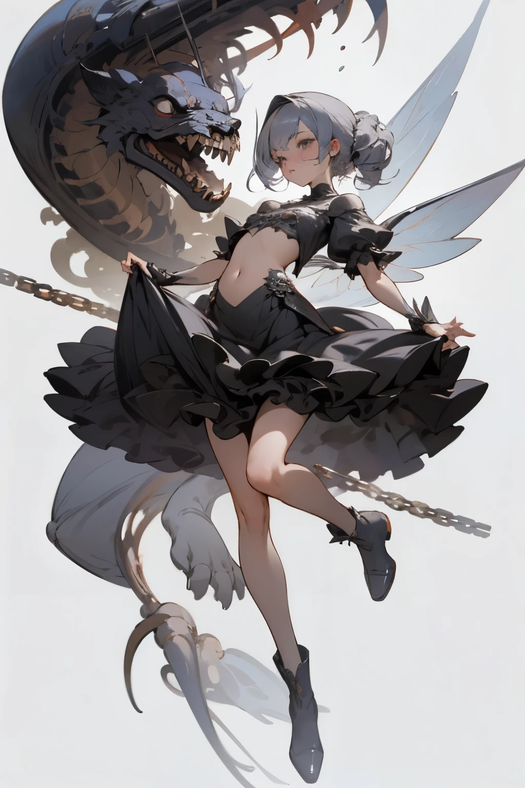  ((best quality)), ((masterpiece)), (detailed), 1girl, off-shoulder, Character design, female, dynamic poses, long white grey hair, grey white eyes, very skinny, detailed, best quality, no accesoires around the neck, no shoes, prominent collarbones, skinny arms, flat stomach, visible hip bones, full body, blank white background, plain background, white background, red and white clothing, Bloodborne inspired, occult aesthetic, occult, detailed and intricate steampunk and detailed gothic, NSFW, Very dramatic and cinematic lighting, cosmic horror, grim-dark, side-lighting, perfect face, NSFW, Fluttering lace flared long knee length dress with frilly petticoats, knee length dress, pleated petticoats, petticoats gothic, complex lace boots, side-lighting, gothic ta aesthetic, wielding a mighty sword with mechanical components, mandalas, small breasts, a fairy, various different types of insect wings, NSFW, full body, whole body, body, plain background, white background, blank background, no background, white background NSFW, chains, full body, whole body, head-to-toe NSFW 