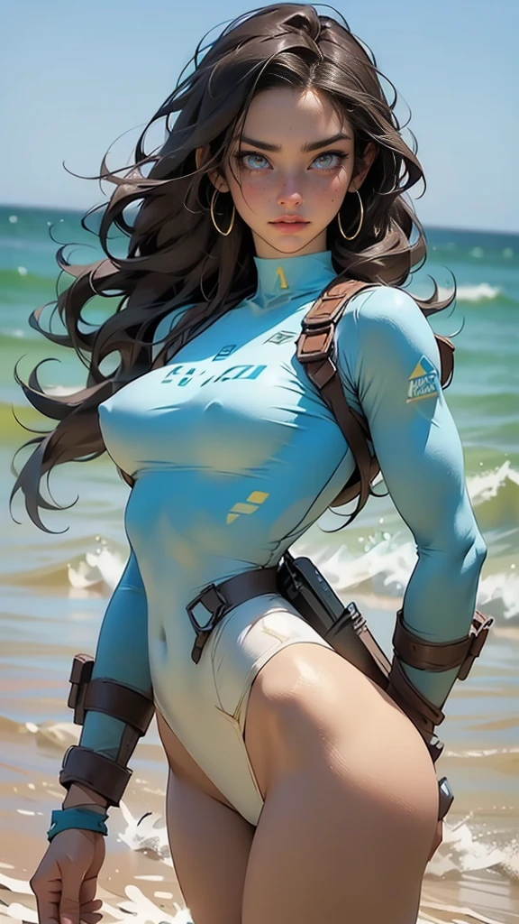 LARA CROFT., LARA CROFT COSTUME (light-blue top, brown bottoms)
Side view,,gritty hair fit body enormous breasts (protuding erect nipples) slim thighs slim waist long hair blushing determination, 8k, Detalle extremo,More detailed 8K.motor irreal:1.4,UHD,La mejor calidad:1.4, fotorrealista:1.4, textura de la piel:1.4, obra maestra:1.8,obra-prima, mejor calidad,objeto Objeto], (detailed face features:1.3),(Traje de piloto:1.4) jungle beach background 