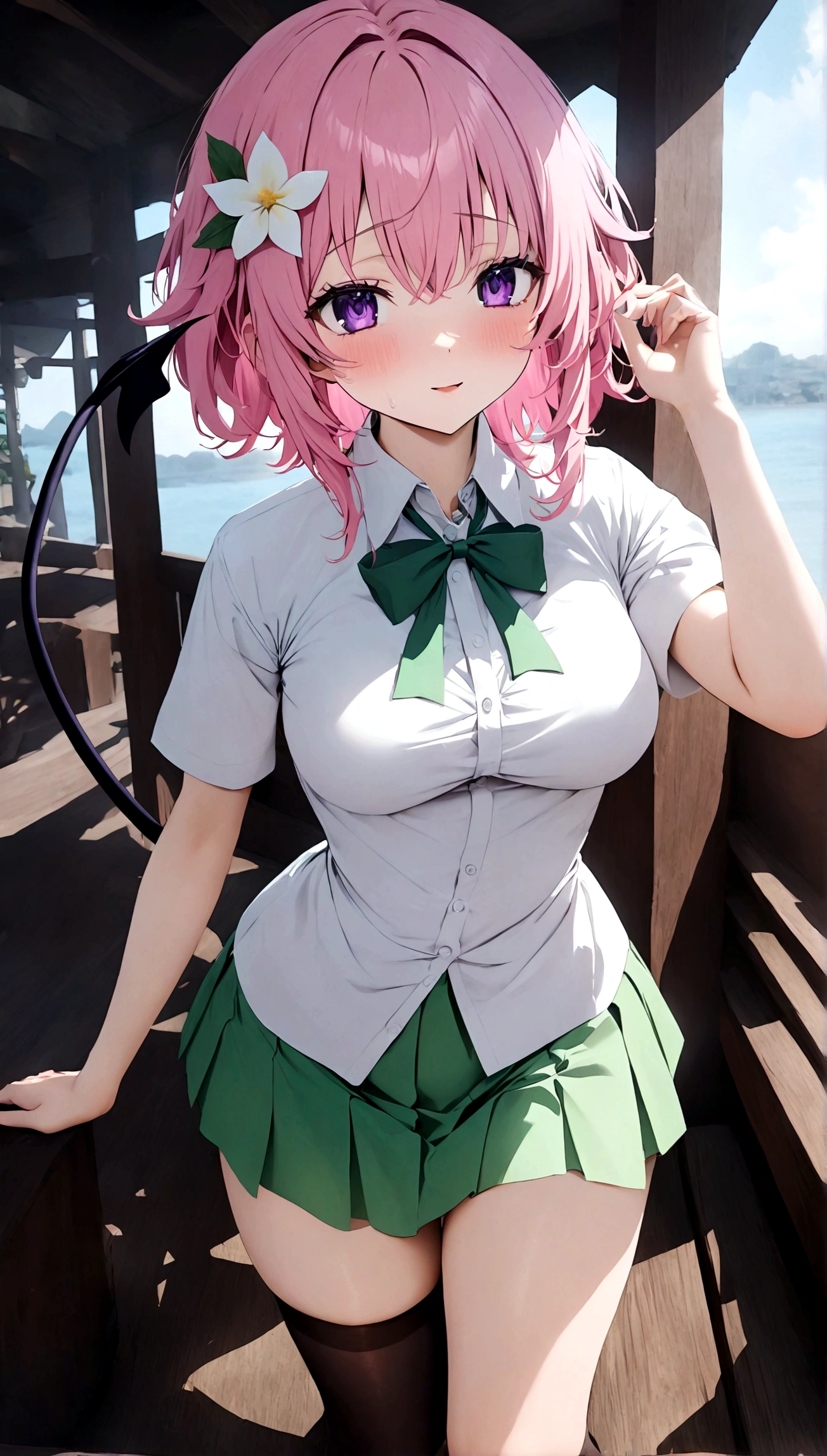 masterpiece, best quality, very aesthetic, absurdres, newest,,momo_velia_deviluke, to_love-ru, to_love-ru_darkness,1girl,purple_eyes, pink_hair, short_hair, breasts, demon_tail, green_skirt, hair_flower, hair_ornament, sainan_high_school_uniform, school_uniform, shirt, skirt, tail, tail_fondling, thighhighs, white_shirt, black_thighhighs,,on a ship
