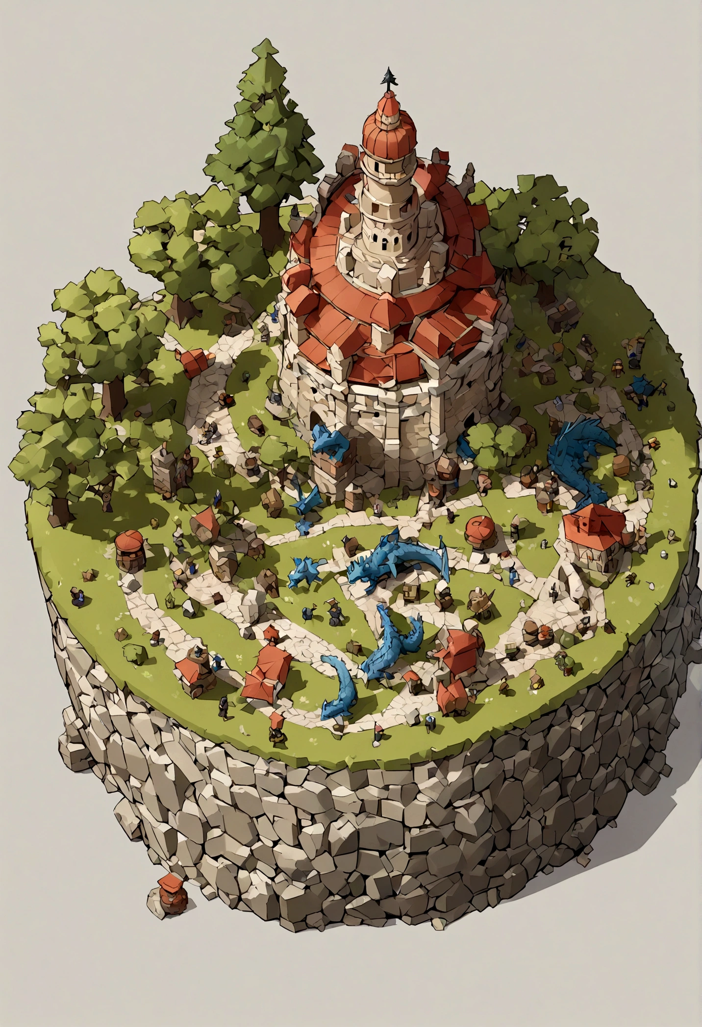 absurdres, best quality, fantasy, isometric, knolling style of (miniature brick round tower:1.5,Big Dragon,Soldier), tree, stone wall, (simple background:1.5),