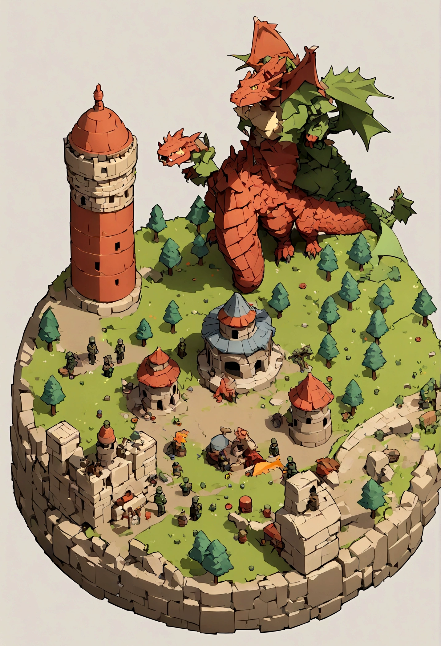 absurdres, best quality, fantasy, isometric, knolling style of (miniature brick round tower:1.5,Big Dragon,Soldier), tree, stone wall, (simple background:1.5),