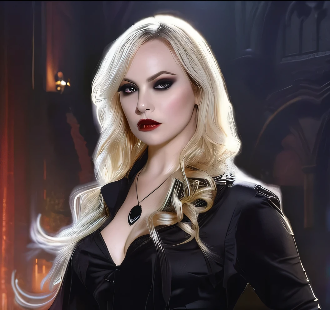 vampira caroline forbes,beautiful detailed eyes,beautiful detailed lips,extremely detailed eyes and face,longeyelashes,1girl,vampire,black dress,dramatic lighting,dark fantasy,chiaroscuro,moody,gothic,dark colors,dramatic shadows,high contrast,cinematic,dramatic pose,studio lighting,best quality,4k,8k,highres,masterpiece:1.2,ultra-detailed,realistic,photorealistic,photo-realistic:1.37