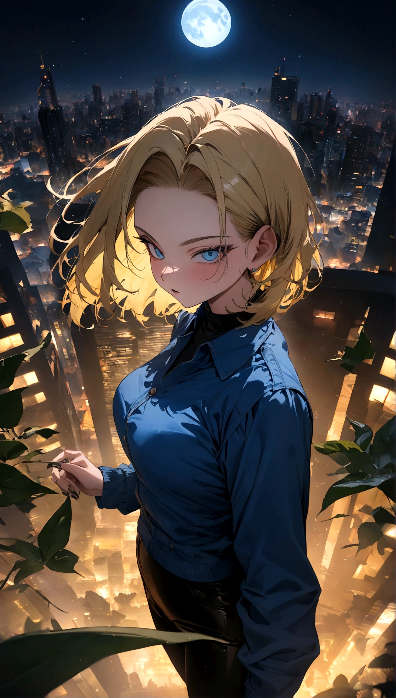 masterpiece, best quality, very aesthetic, absurdres, newest,,Android 18(Dragon Ball), short hair, blue eyes, blonde hair, blue jacket,cityscape, leaf, moon, night, night_sky, outdoors, sky, skyscraper,