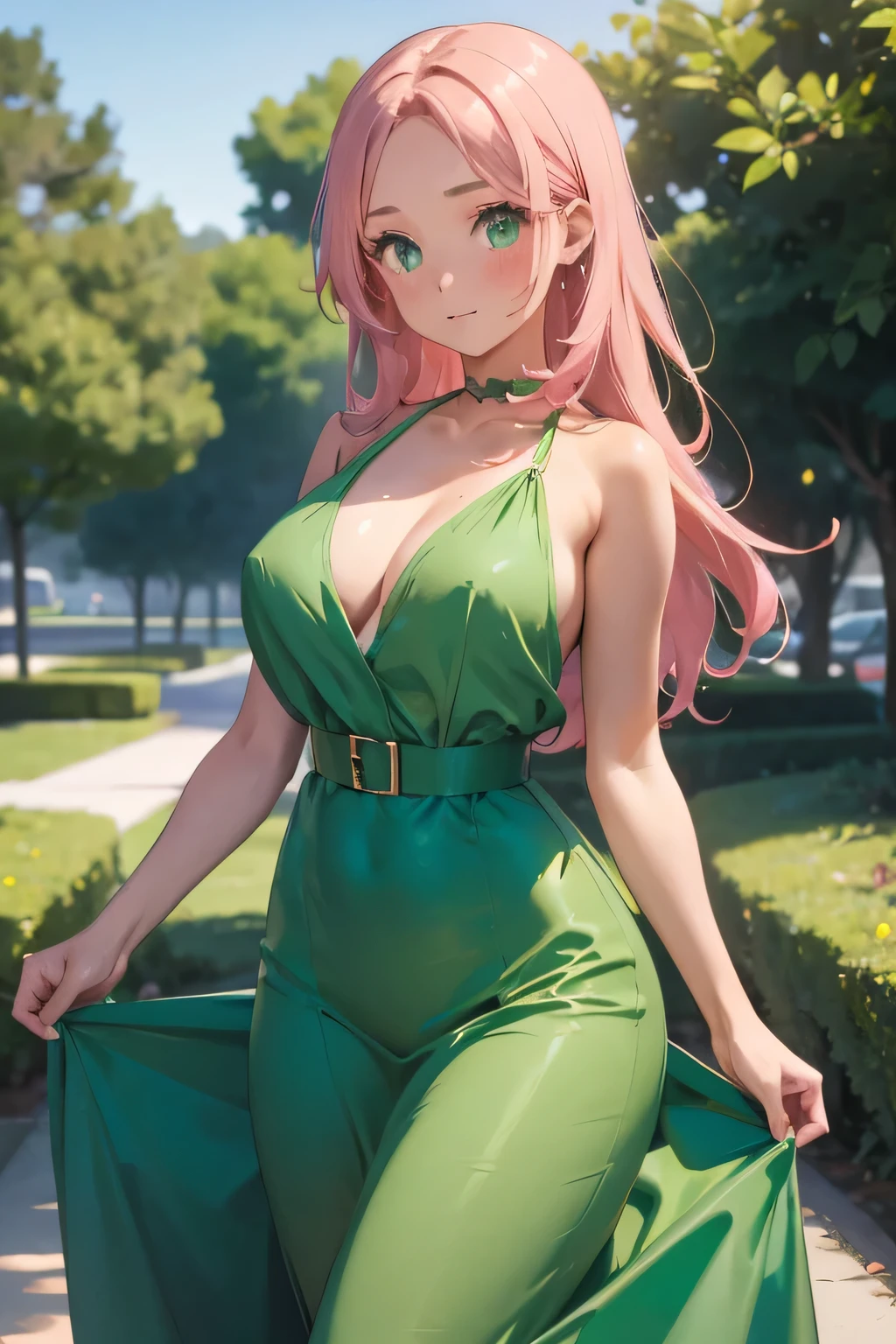 1 girl, single girl, cute, tan skin, pink hair, green eyes, medium breasts, big hips, short green dress, short evening dress, celebrity, famous