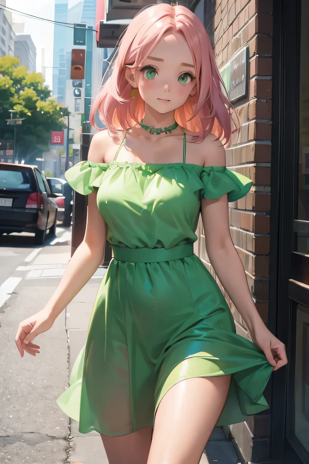 1 girl, single girl, cute, tan skin, pink hair, green eyes, medium breasts, big hips, short green dress, short evening dress, celebrity, famous