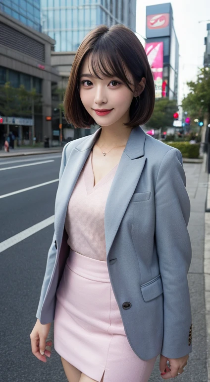 Full body ,masutepiece, Best Quality, Illustration, Ultra-detailed, finely detail, hight resolution, 8K Wallpaper, Perfect dynamic composition, Beautiful detailed eyes, Women's Fashion Summer,Shorthair,,Natural Color Lip, Bold sexy poses,Smile,Shinjuku、wear pink suit, tight skirt , 20 years girl、Cute、Sexy shot looking at camera