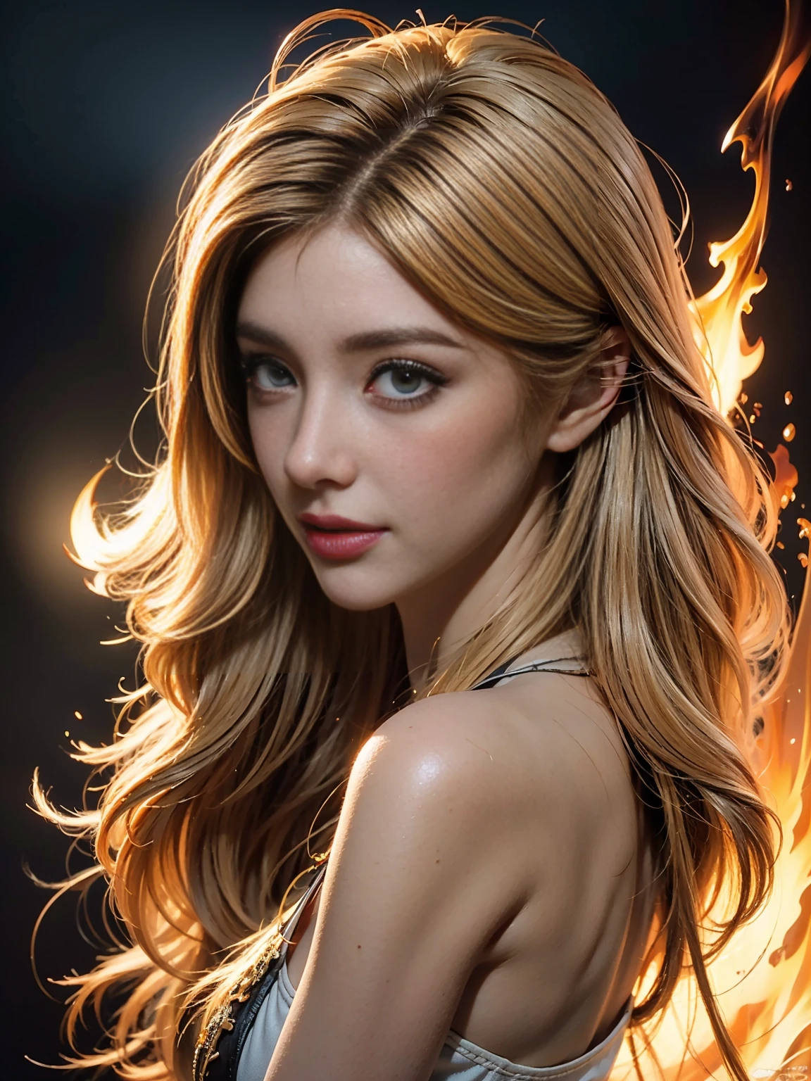 (mejor calidad,4k,8K,high resolution,obra maestra:1.2),ultra detallado,Sharp focus,, best quality, (beautiful face:1.1), (realistic:1.5), (blonde witch, marischa becker, 30 year old woman, fire magic:1.3), upper body, detailed eyes, detailed lips, beautiful skin, long eyelashes, elegant pose, magical aura, intricate details, cinematic lighting, vibrant colors, dramatic shadows, mystical atmosphere, fantasy art