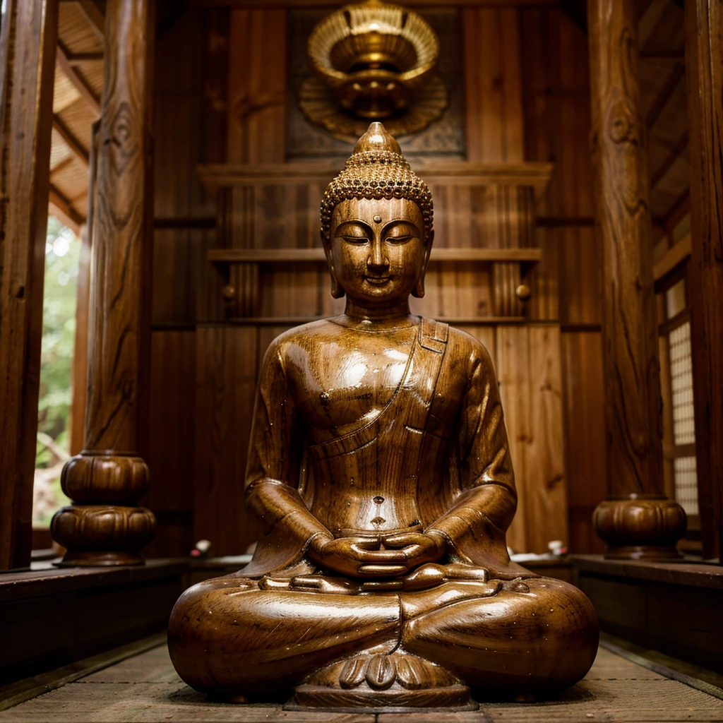 wooden_made statue of Buddha in a Japanese temple. A forest in background, blurred foreground. Hi quality photo shot