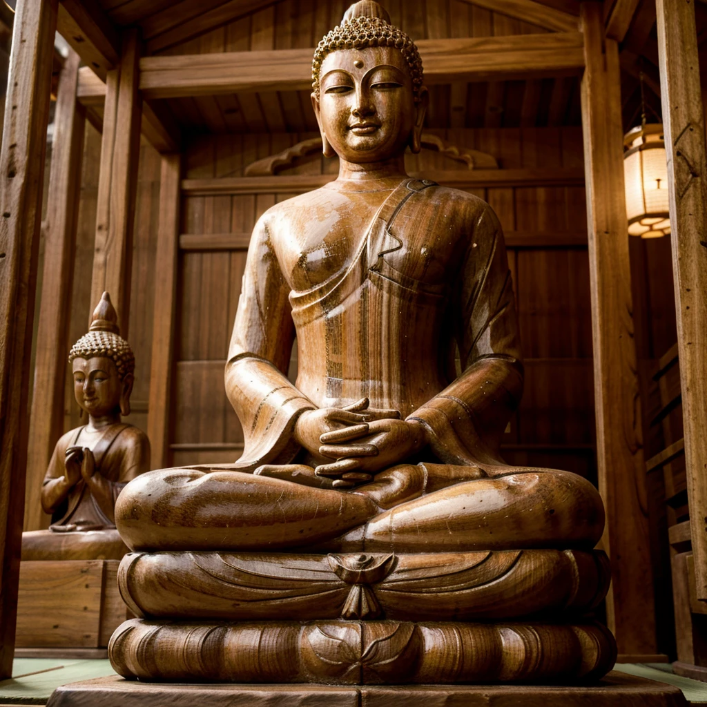 wooden_made statue of Buddha in a Japanese temple. A forest in background, blurred foreground. Hi quality photo shot