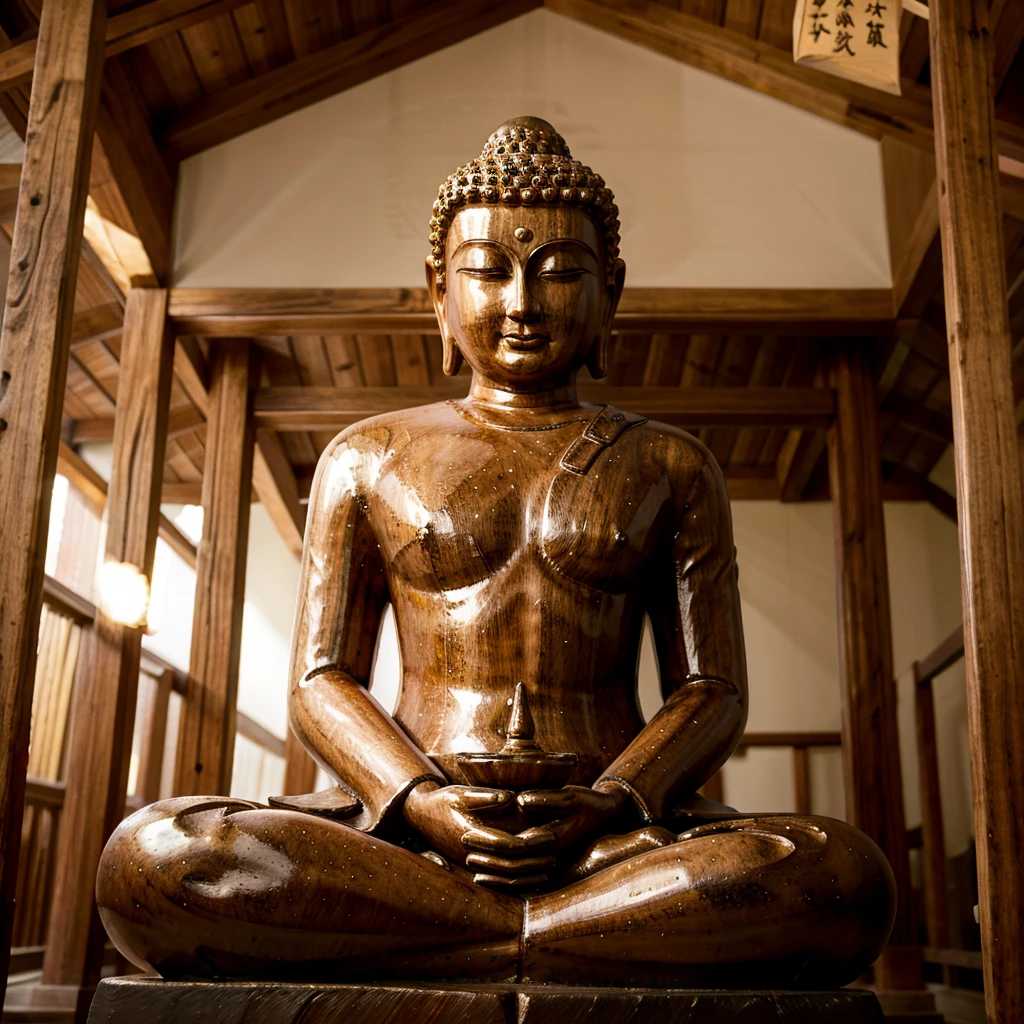 wooden_made statue of Buddha in a Japanese temple. A forest in background, blurred foreground. Hi quality photo shot