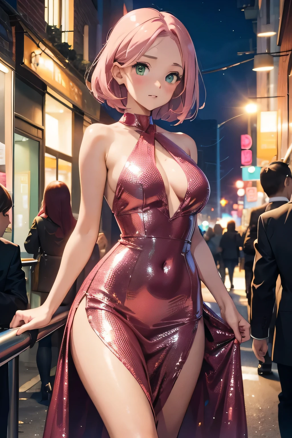 1 girl, single girl, cute, tanned skin, pink hair, green eyes, medium , big hips, short sequined evening dress, celebrity, famous, night