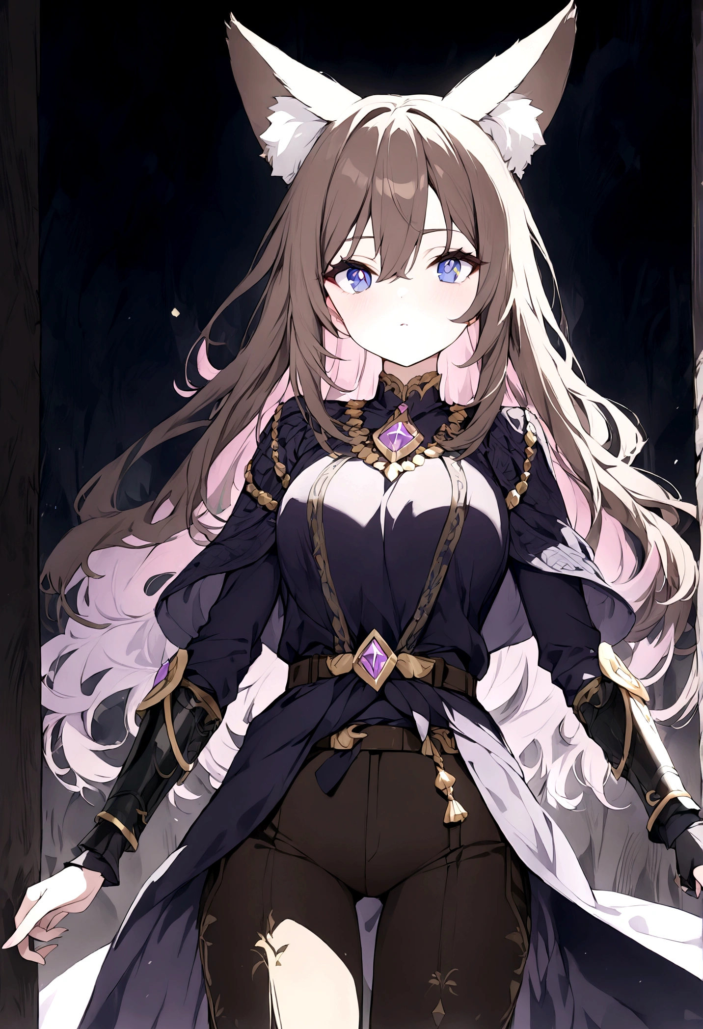 (1girl, Masterpiece, best quality) (detailed and beautiful eyes:1.6) (perfect hands, perfect anatomy) ( A young female character with long, brown hair featuring lighter streaks, styled in loose waves. She has striking (purple eyes and a confident, slightly defiant expression). She has distinctive cat-like ears, brown with pink inner fur. She wears a black form-fitting top adorned with gold and red accents, including intricate patterns. Over this, she has a dark-purple cloak covering with gold detailing. Accessories include a fiolet gemstone necklace and a belt with gold ornaments. The character is depicted in a dynamic low-angle shot, giving a sense of power and movement. The background is abstract with a gradient from dark to light hues, adding depth and emphasizing the character. The lighting is warm and dramatic, with strong highlights and shadows enhancing the overall design. She has a brown belt with dark fiolet accents cinched around her waist and wears brown pants with armored greaves.