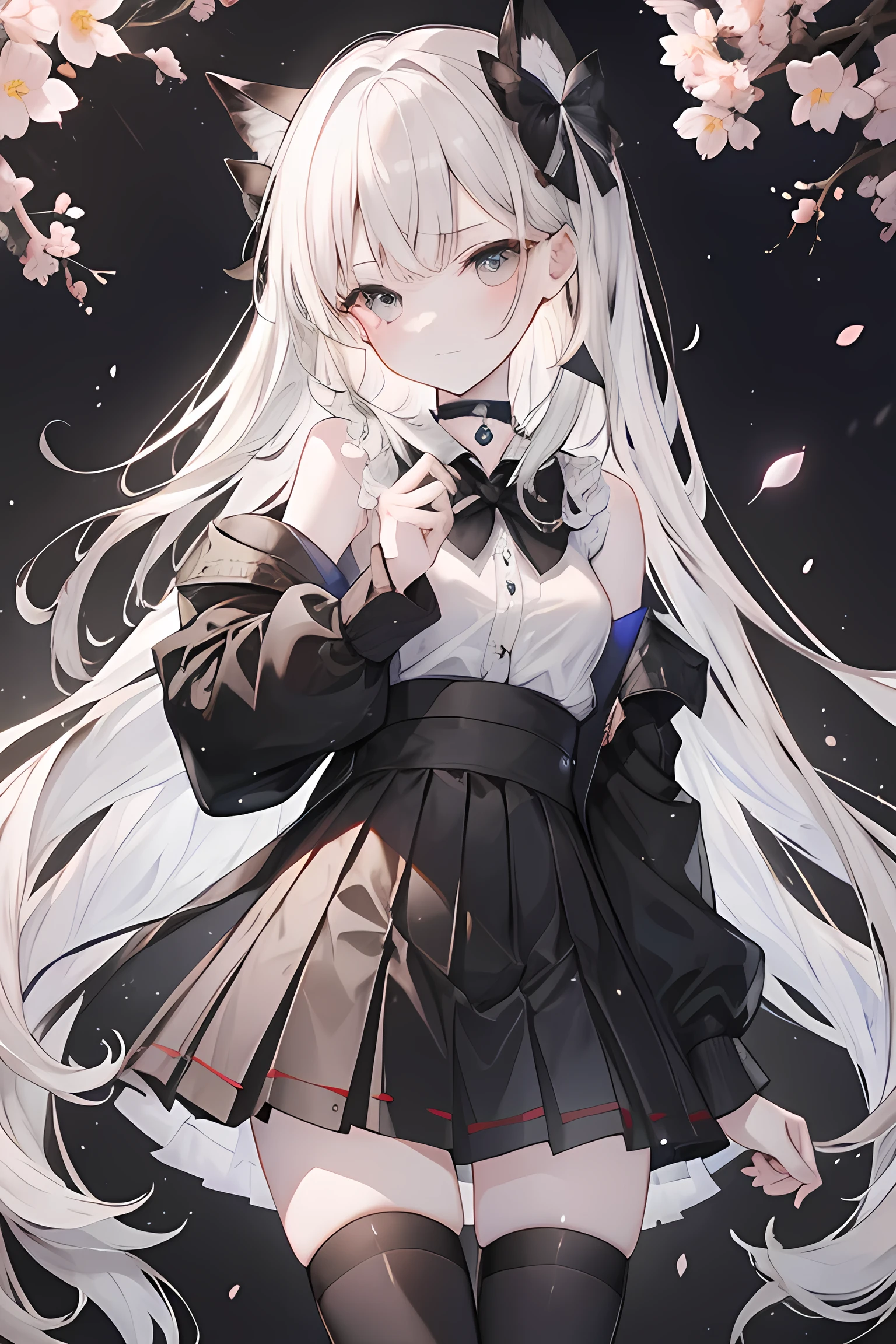 ultra - detailed，tmasterpiece，best qualtiy，Mood light，Low light source，ssmile，looking at you，the shy，Very long hair，black color hair，brown  hair，white color hair，Silvery hair，golden hair，Get wet，taking a shower，sitted，Bend your legs to your chest，Uniforms，Open your clothes，pleatedskirt，plaid skirts，，black over-the-knee socks，blacksilk，Black tights，choker necklace，shairband，Floral hair ornaments，Bow knot，scenecy，Scattered cherry blossoms，detailedbackground，flying butterfly，Dreamy forest，hot onsen
