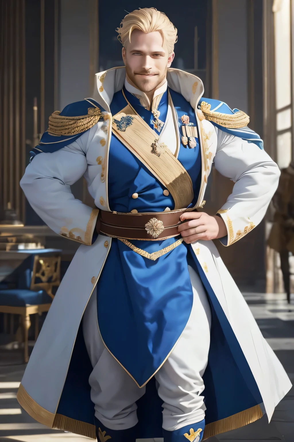 Un jeune homme blond, avec un regard bleu malicieu, son visage est plutot fin, he smiles slightly amused, mais ses traits sont durs
C'est le prince de coeur, c'est cheuveux sont en bataille, sa posture négligée mais il a quelque chose d'hipnotisant