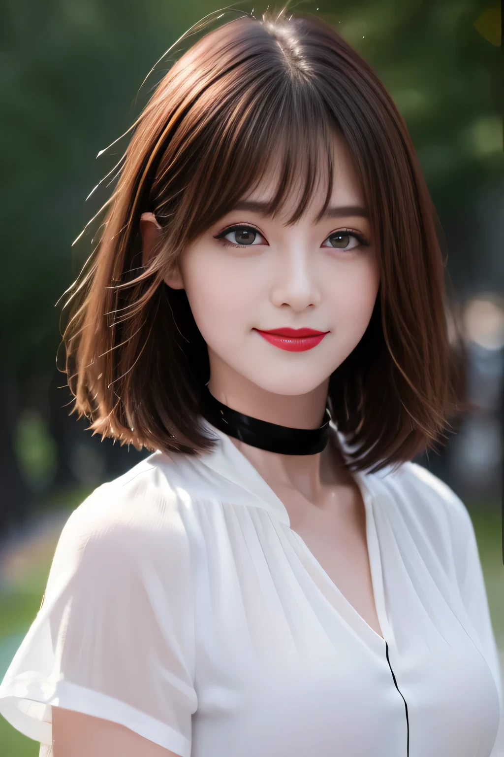 ((highest quality, 8k, Representative works in detail, Ultra-high resolution)), (Looking at the audience), (Cowboy Shot), Attractive woman, ((Big Breasts)), smile, ((Black choker)), Slim figure, (Blue Eyes), Long eyelashes, bangs, Beautiful shiny brown hair, Nogizaka Idol, Slim face、((White blouse)), Bright red lipstick