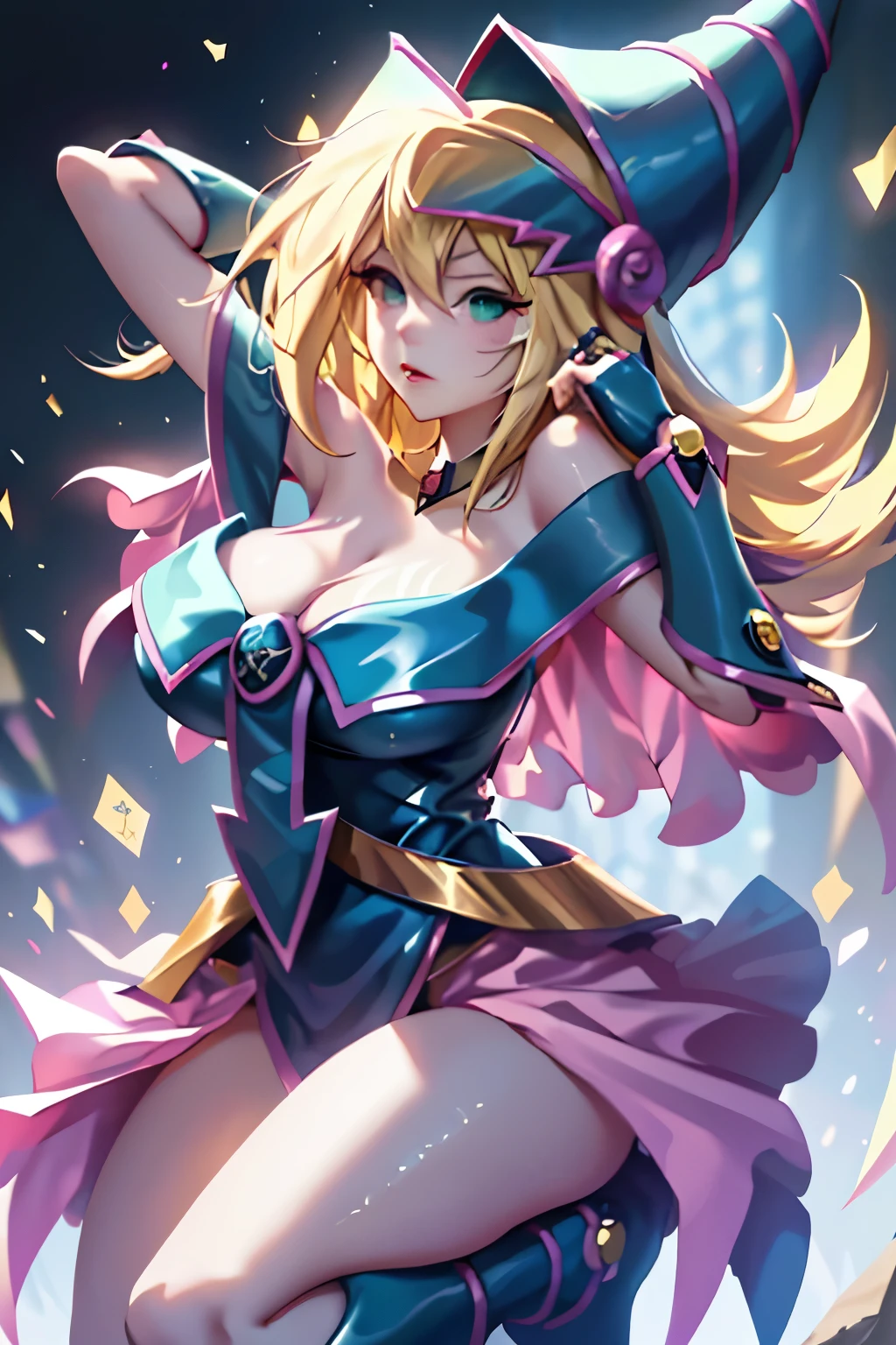 Dark_Magician_Girl, 1girl, solo, big breasts, cleavage, bare shoulders, illustrations, details, best quality, long hair, yellow hair, green eyes, hair between the eyes, outside the shoulders, boots, depth of field, expressiveness, official art, illustrations, very shy expression, pink nipples, perfect breasts, p3rfect chest, eye contact, cum , Full-body cum,Lick cum