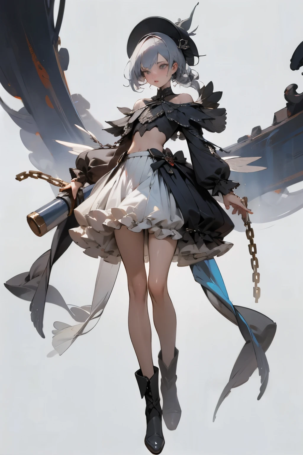  ((best quality)), ((masterpiece)), (detailed), 1girl, off-shoulder, Character design, female, dynamic poses, long white grey hair, grey white eyes, very skinny, detailed, best quality, no accesoires around the neck, no shoes, prominent collarbones, skinny arms, flat stomach, visible hip bones, full body, blank white background, plain background, white background, red and white clothing, Bloodborne inspired, occult aesthetic, occult, detailed and intricate steampunk and detailed gothic, NSFW, Very dramatic and cinematic lighting, cosmic horror, grim-dark, side-lighting, perfect face, NSFW, Fluttering lace flared long knee length dress with frilly petticoats, knee length dress, pleated petticoats, petticoats gothic, complex lace boots, side-lighting, gothic ta aesthetic, wielding a mighty sword with mechanical components, mandalas, small breasts, a fairy, various different types of insect wings, NSFW, full body, whole body, body, plain background, white background, blank background, no background, white background NSFW, chains, full body, whole body, head-to-toe NSFW 