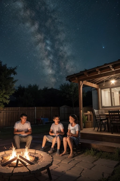 
[A dark, starry sky over a small town. En la esquina inferior derecha, a family is enjoying a barbecue in their backyard.]

