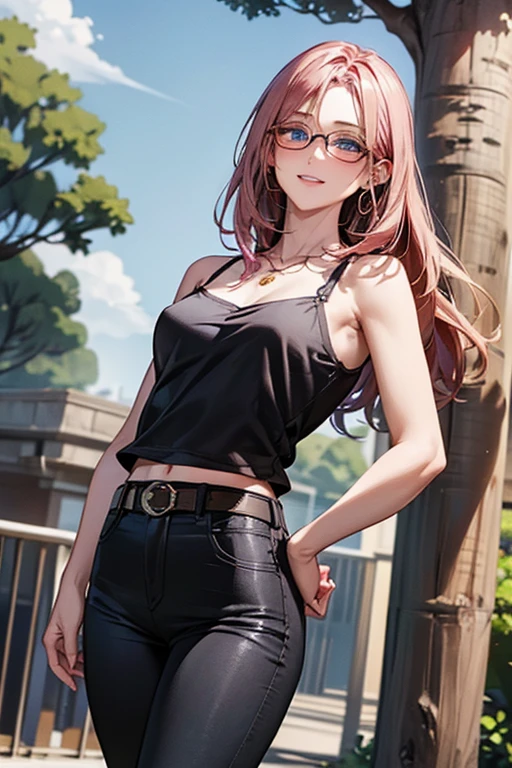 #Basics A girl is posing for a photo, animeのかわいい女の子, (((One Girl, Baby Face, 16 years old))), 
BREAK 

#Clothing Accessories 
(Black camisole + Denim skinny pants + Black leather belt + Black High Heels + Red thick frame glasses:1.4), 
(big silver necklace, Gold hoop earrings), 
BREAK 

#Features 
(Matte pink hair:1.4, Bangs that expose the forehead:1.4, Wavy Hair, Hair fluttering in the wind, Vertical rolls and side-length hair down to the chest, Long vertical rolls in the back), 
(Droopy eyes,blue eyes), (Small breasts), 
BREAK 

#expression 
(smug face, Grin), 
#background environment 
((noon, Sunshine, garden, Under a big tree)), 
#composition 
(Turning your body to the viewer:1.4, from below:1.4, Dynamic Pose, Cowboy Shot:1.4), 
BREAK 

#Body parts elements 
(Beautiful Hair,Shiny Hair), 
(double eyelid, Long eyelashes), 
(Expression of fine eyes, Beautiful and delicate eyes, Sparkling eyes, Eye Reflexes), 
(Human Ear), 
(Beautiful Nose, Thin Nose), 
(Glossy lips, Beautiful Lips, Thick lips), (Symmetrical facial features), 
(Detailed skin, Textured skin, Beautiful Skin), 
BREAK 

#Quality 
(((highest quality)), ((masterpiece)), ((Very detailed))), ((High resolution), (16k,1080p)), 
(Realistic), (Anatomically correct), 
((comics, anime)), (3DCG), CG illustration,
