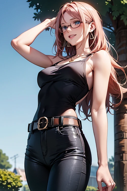 #Basics A girl is posing for a photo, animeのかわいい女の子, (((One Girl, Baby Face, ))),
BREAK
#Clothing Accessories
(Black camisole + Denim skinny pants + Black leather belt + Black High Heels + Red thick frame glasses:1.4),
(big silver necklace, Gold hoop earrings),
BREAK
#Features
(Matte pink hair:1.4, Bangs that expose the forehead:1.4, Wavy Hair, Hair fluttering in the wind, Vertical rolls and side-length hair down to the chest, Long vertical rolls in the back),
(Droopy eyes,blue eyes), (Small breasts),
BREAK
#expression
(smug face, Grin),
#background environment
((noon, Sunshine, garden, Under a big tree)),
#composition
(Turning your body to the viewer:1.4, from below:1.4, Dynamic Pose, Cowboy Shot:1.4),
BREAK
#Body parts elements
(Beautiful Hair,Shiny Hair),
(double eyelid, Long eyelashes),
(Expression of fine eyes, Beautiful and delicate eyes, Sparkling eyes, Eye Reflexes),
(Human Ear),
(Beautiful Nose, Thin Nose),
(Glossy lips, Beautiful Lips, Thick lips), (Symmetrical facial features),
(Detailed skin, Textured skin, Beautiful Skin),
BREAK
#Quality
(((highest quality)), ((masterpiece)), ((Very detailed))), ((High resolution), (16k,1080p)),
(Realistic), (Anatomically correct),
((comics, anime)), (3DCG), CG illustration,