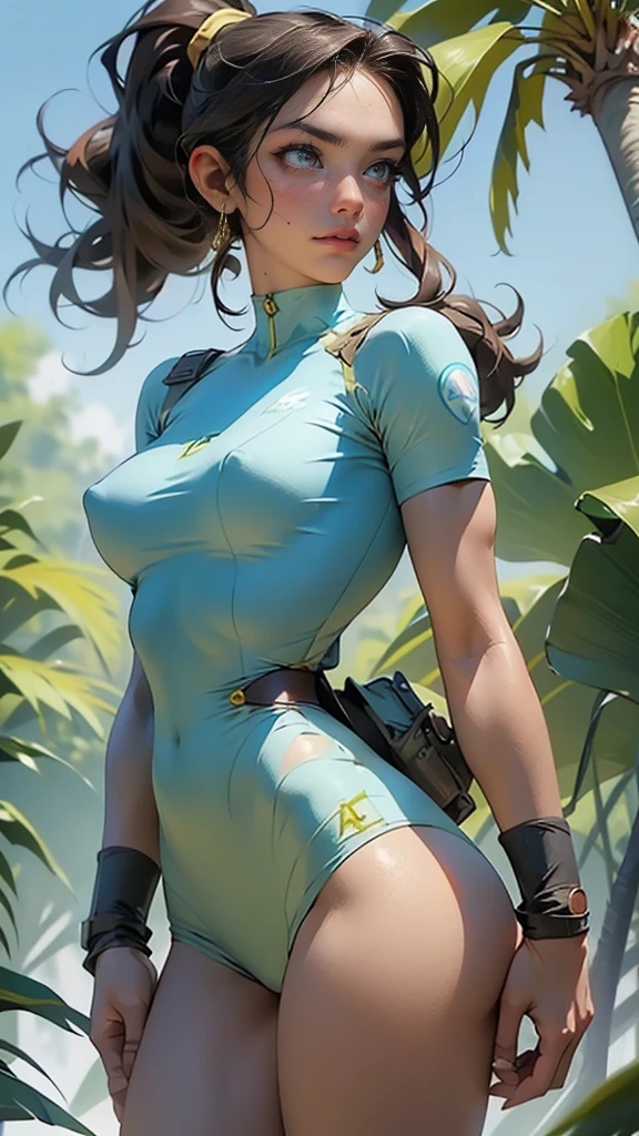 LARA CROFT., LARA CROFT COSTUME (light-blue top, brown bottoms) long plaited ponytail 
Side view,,gritty hair fit body enormous breasts (protuding erect nipples) slim thighs slim waist long hair blushing determination, 8k, Detalle extremo,More detailed 8K.motor irreal:1.4,UHD,La mejor calidad:1.4, fotorrealista:1.4, textura de la piel:1.4, obra maestra:1.8,obra-prima, mejor calidad,objeto Objeto], (detailed face features:1.3),(Traje de piloto:1.4) jungle beach background 