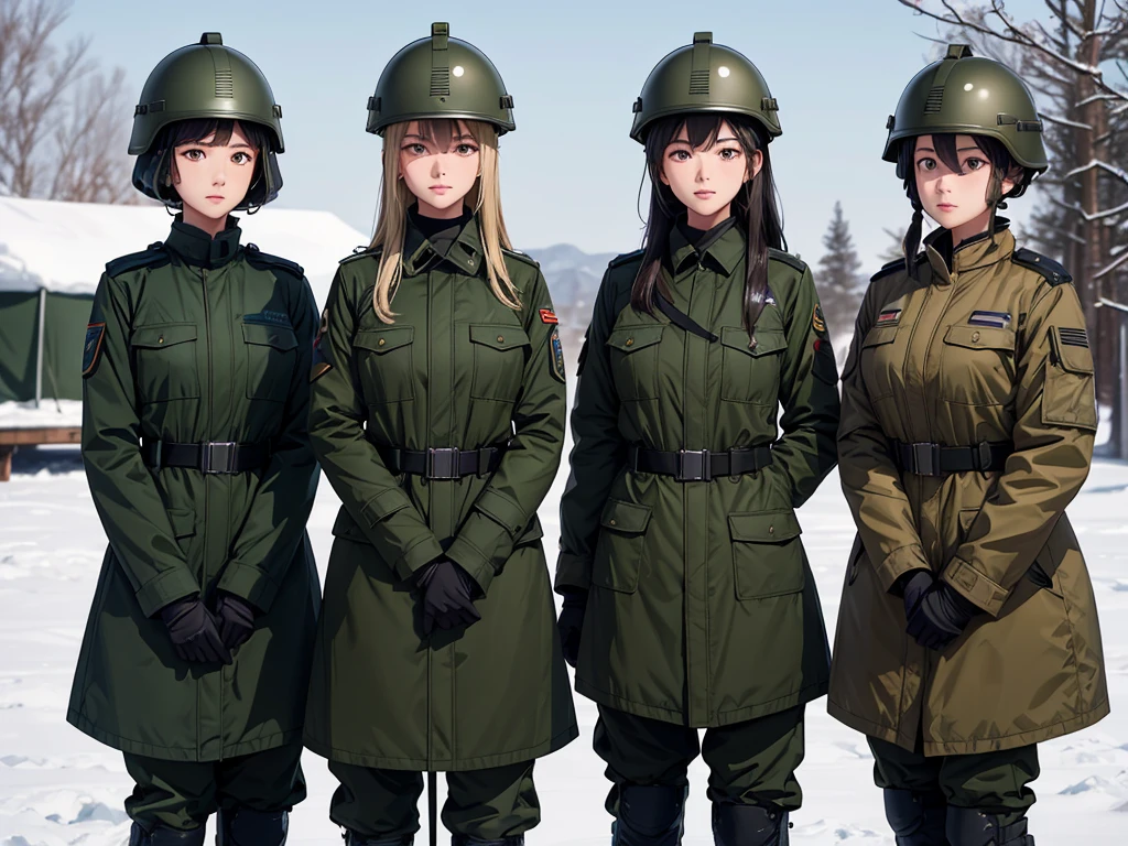 Four female soldiers wearing tactical helmets stand at attention，Wearing dark green military M51 coat、The same posture、open your feet、Only military pants、Winter military camp，Write details、masterpiece、best quality、Highly detailed CG、8K picture quality