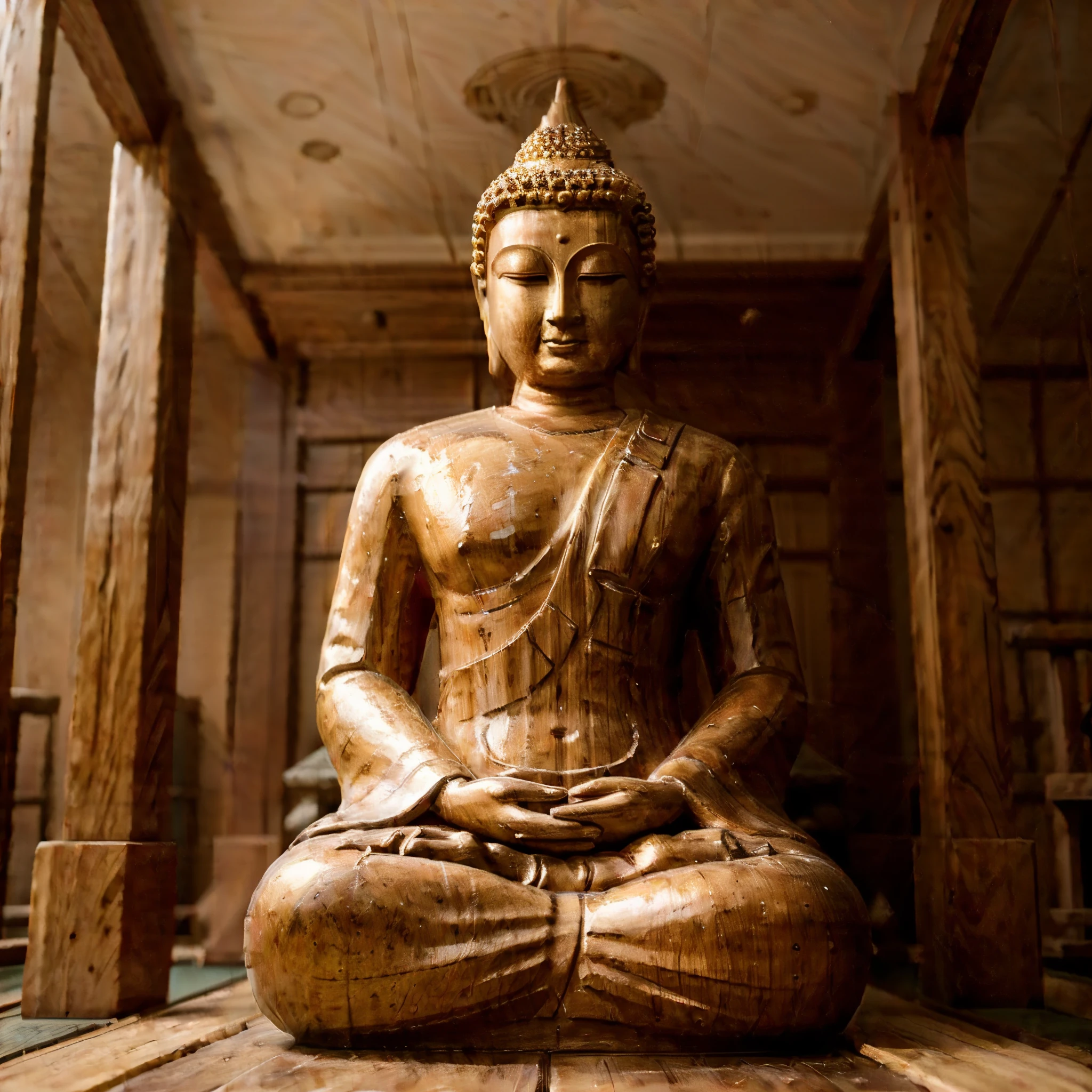 wooden_made statue of Buddha in a Japanese temple. A forest in background, blurred foreground. Hi quality photo shot