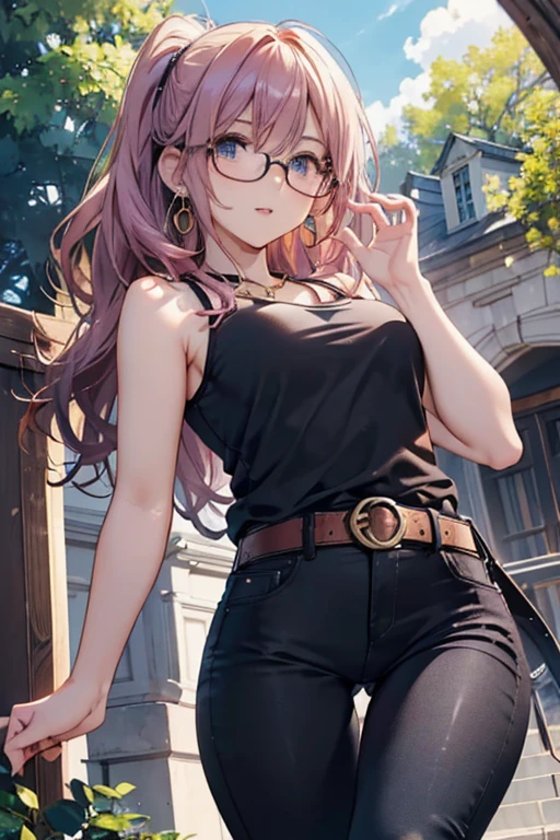 #Basics A girl is posing for a photo, animeのかわいい女の子, (((One Girl, Baby Face, s old))),
BREAK
#Clothing Accessories
(Black camisole + Denim skinny pants + Black leather belt + Black High Heels + Red thick frame glasses:1.4),
(big silver necklace, Gold hoop earrings),
BREAK
#Features
(Matte pink hair:1.4, Bangs that expose the forehead:1.4, Wavy Hair, Hair fluttering in the wind, Vertical rolls and side-length hair down to the chest, Long vertical rolls in the back),
(Droopy eyes,blue eyes), (Small breasts),
BREAK
#expression
(smug face, Grin),
#background environment
((noon, Sunshine, garden, Under a big tree)),
#composition
(Turning your body to the viewer:1.4, from below:1.4, Dynamic Pose, Cowboy Shot:1.4),
BREAK
#Body parts elements
(Beautiful Hair,Shiny Hair),
(double eyelid, Long eyelashes),
(Expression of fine eyes, Beautiful and delicate eyes, Sparkling eyes, Eye Reflexes),
(Human Ear),
(Beautiful Nose, Thin Nose),
(Glossy lips, Beautiful Lips, Thick lips), (Symmetrical facial features),
(Detailed skin, Textured skin, Beautiful Skin),
BREAK
#Quality
(((highest quality)), ((masterpiece)), ((Very detailed))), ((High resolution), (16k,1080p)),
(Realistic), (Anatomically correct),
((comics, anime)), (3DCG), CG illustration,