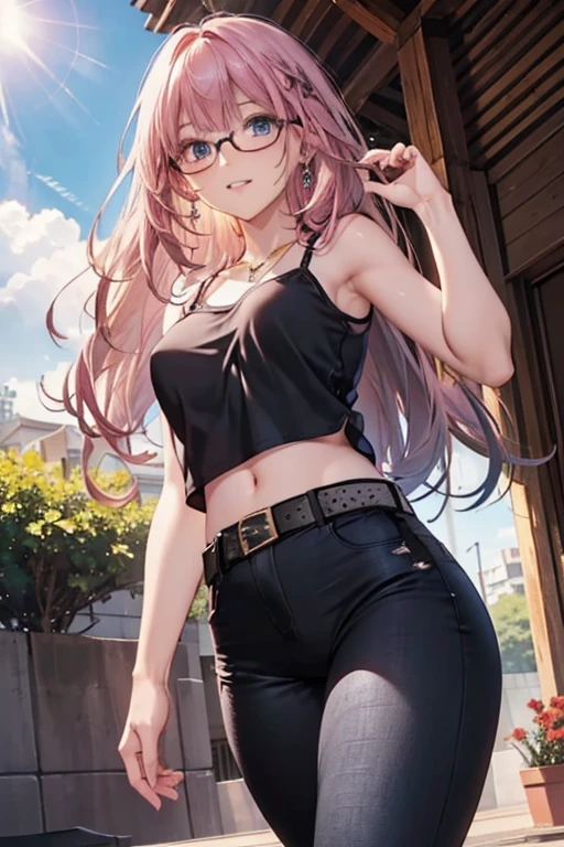 #Basics A girl is posing for a photo, animeのかわいい女の子, (((One Girl, Baby Face, 16 years old))),
BREAK
#Clothing Accessories
(Black camisole + Denim skinny pants + Black leather belt + Black High Heels + Red thick frame glasses:1.4),
(big silver necklace, Gold hoop earrings),
BREAK
#Features
(Matte pink hair:1.4, Bangs that expose the forehead:1.4, Wavy Hair, Hair fluttering in the wind, Vertical rolls and side-length hair down to the chest, Long vertical rolls in the back),
(Droopy eyes,blue eyes), (Small breasts),
BREAK
#expression
(smug face, Grin),
#background environment
((noon, Sunshine, garden, Under a big tree)),
#composition
(Turning your body to the viewer:1.4, from below:1.4, Dynamic Pose, Cowboy Shot:1.4),
BREAK
#Body parts elements
(Beautiful Hair,Shiny Hair),
(double eyelid, Long eyelashes),
(Expression of fine eyes, Beautiful and delicate eyes, Sparkling eyes, Eye Reflexes),
(Human Ear),
(Beautiful Nose, Thin Nose),
(Glossy lips, Beautiful Lips, Thick lips), (Symmetrical facial features),
(Detailed skin, Textured skin, Beautiful Skin),
BREAK
#Quality
(((highest quality)), ((masterpiece)), ((Very detailed))), ((High resolution), (16k,1080p)),
(Realistic), (Anatomically correct),
((comics, anime)), (3DCG), CG illustration,