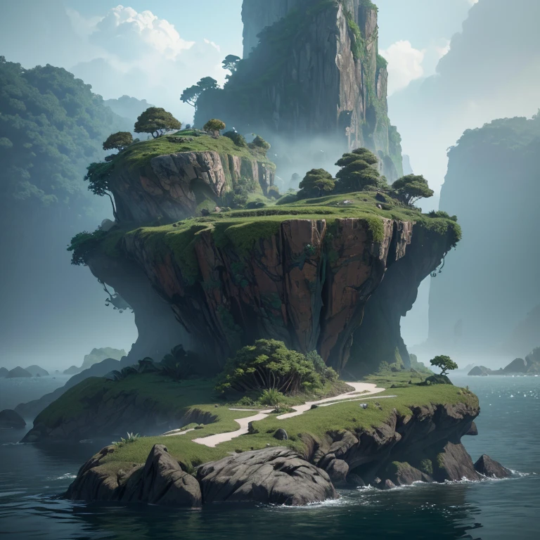 a floating stone island with lush jungle vegetation, highly detailed, photorealistic, epic quality, unreal engine, octane render, ZBrush, (best quality,8k,highres,masterpiece:1.2),ultra-detailed,(realistic,photorealistic,photo-realistic:1.37),dramatic lighting,volumetric fog,dynamic shadows,4k textures,cinematic composition,dramatic angles