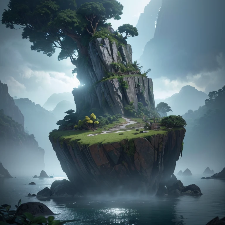 a floating stone island with lush jungle vegetation, highly detailed, photorealistic, epic quality, unreal engine, octane render, ZBrush, (best quality,8k,highres,masterpiece:1.2),ultra-detailed,(realistic,photorealistic,photo-realistic:1.37),dramatic lighting,volumetric fog,dynamic shadows,4k textures,cinematic composition,dramatic angles