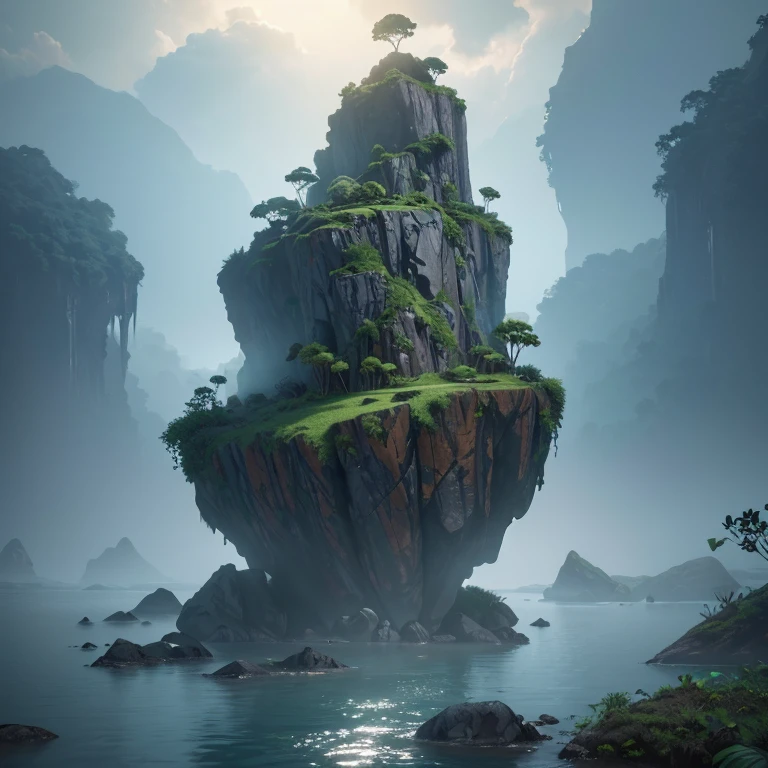 a floating stone island with lush jungle vegetation, highly detailed, photorealistic, epic quality, unreal engine, octane render, ZBrush, (best quality,8k,highres,masterpiece:1.2),ultra-detailed,(realistic,photorealistic,photo-realistic:1.37),dramatic lighting,volumetric fog,dynamic shadows,4k textures,cinematic composition,dramatic angles