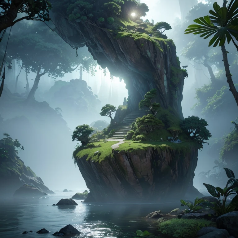 a floating stone island with lush jungle vegetation, highly detailed, photorealistic, epic quality, unreal engine, octane render, ZBrush, (best quality,8k,highres,masterpiece:1.2),ultra-detailed,(realistic,photorealistic,photo-realistic:1.37),dramatic lighting,volumetric fog,dynamic shadows,4k textures,cinematic composition,dramatic angles