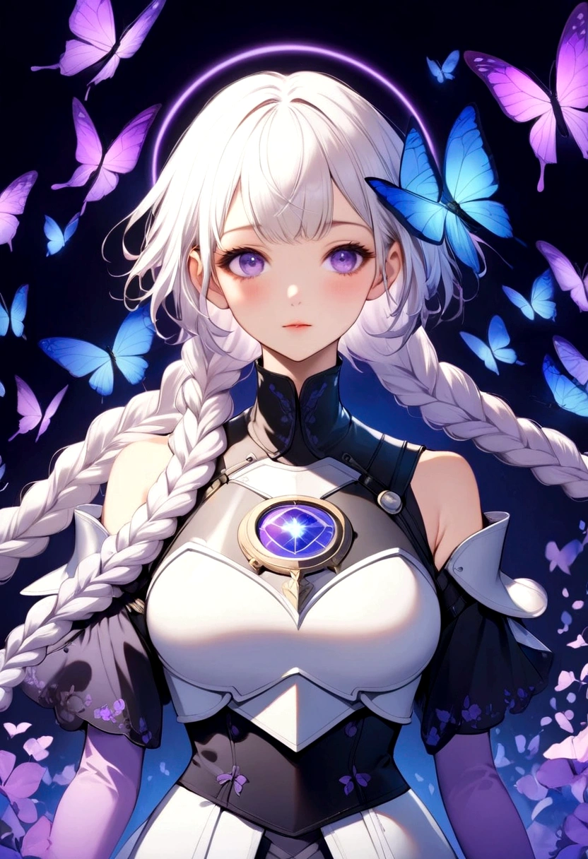 Heterosexual couples,bust, Purple Eyes,Bright Eyes,(((Girl White Hair-Purple-2-Long Braids))),(((Boys' short hair hairstyle,)))。A butterfly on a finger,High collar off-shoulder short sleeves,There is a blue circular halo on the chest,Tech-inspired clothing,white breastplate,Surrounded by swarms of blue butterflies,Blurred Background,Dreamy purple theme,Aesthetic,Dark background,Digital illustration style, Fluorescent purple and blue color scheme,