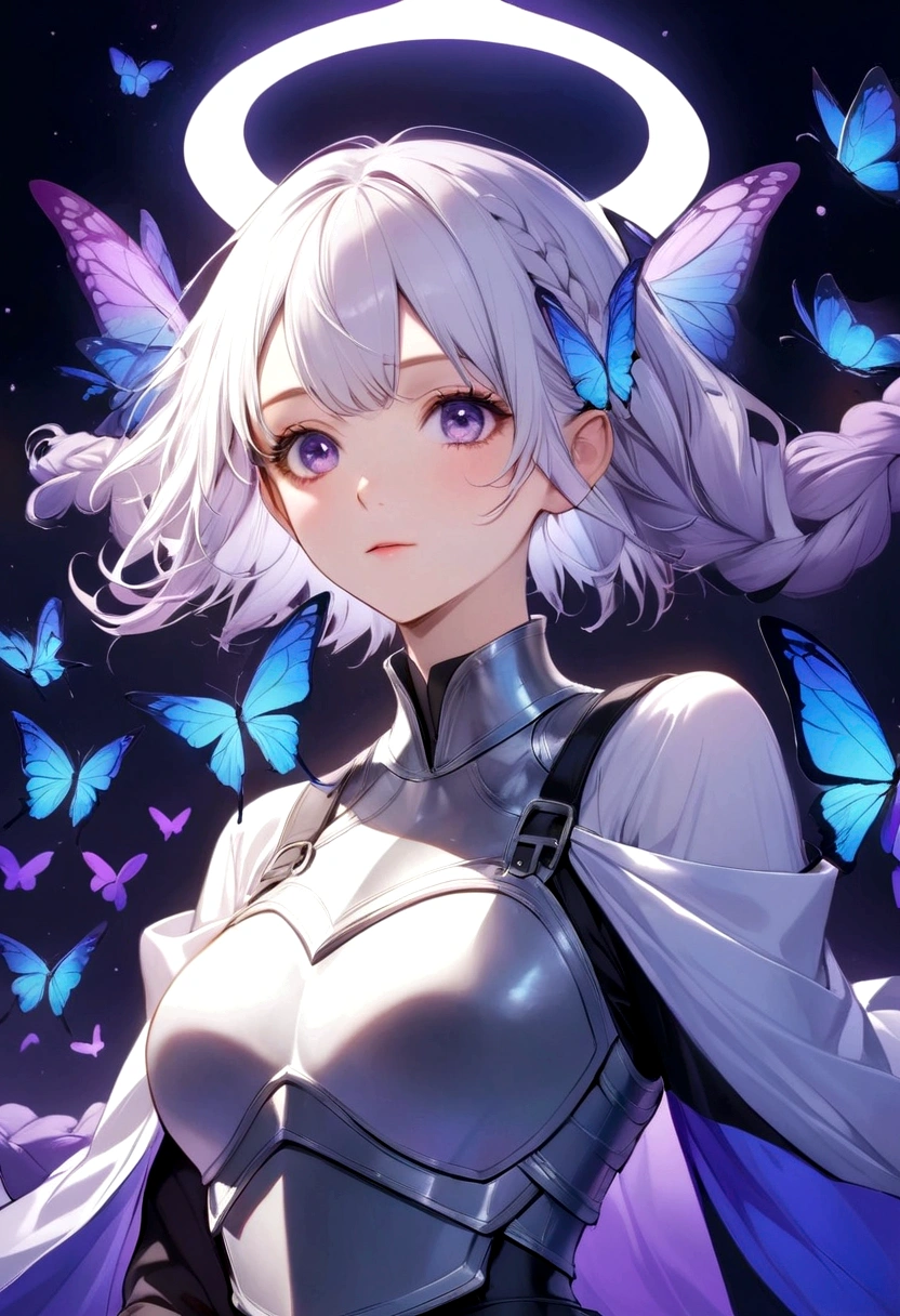 Heterosexual couples，bust， Purple Eyes，Bright Eyes，(((Girl White Hair-Purple-2-Long Braids)))，(((Boys&#39; short hair hairstyle，)))。A butterfly on a finger，High collar off-shoulder short sleeves，There is a blue circular halo on the chest，Tech-inspired clothing，white breastplate，Surrounded by swarms of blue butterflies，Blurred Background，Dreamy purple theme，Aesthetic，Dark background，Digital illustration style, Fluorescent purple and blue color scheme,
