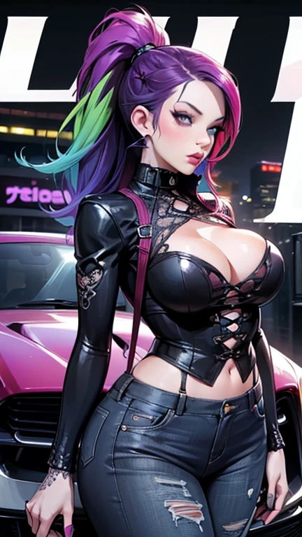 A small portrait of a Gothic woman (curvaceous, colossal cleavage:1.3, sexy, multicolored hair:1.3, ripped jeans) leaning on a car, in the style of GTA V, vibrant colors, bright colors, urban background, hyperrealism, intricately detailed, intricately textured