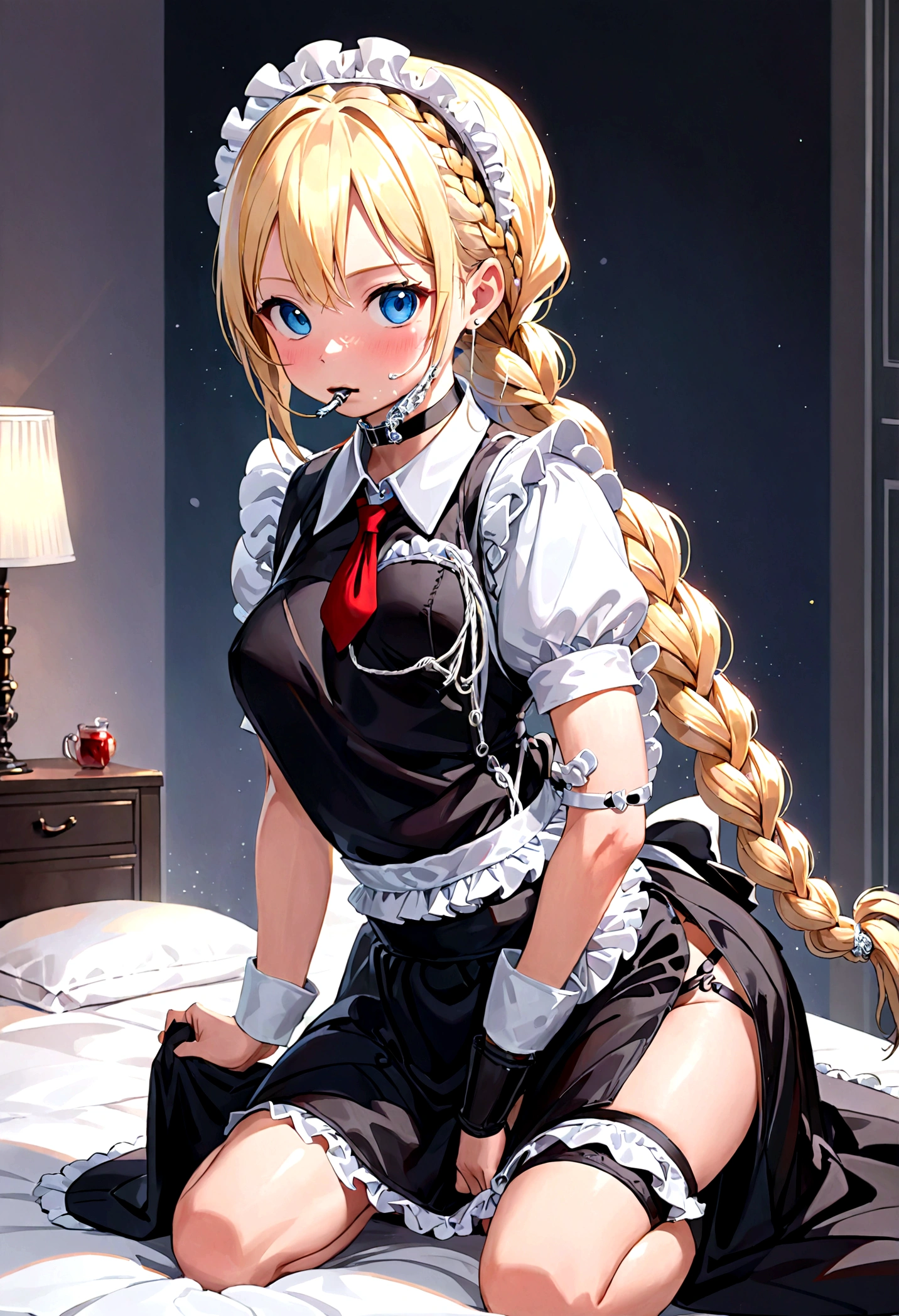 Shiny blond hair, very long hair, sophisticated haircut, ((((hair fully braided)))), ((small twisted braids)), thin and oval face, submissive, (((gagged))), ((((very cute maid girl)))), ((((very cute black maid dress)))), ((((cute waitress serving a blond man)))), cute and blushing 18 years old anime girl, look away because she is embarrassed and blushes, bright blue eyes, detailed face, detailed members, detailed arms, detailed hands, ((((sparkling diamond jewelry)))), tiara, ((makeup)), high heels, puffy sleeves, long gloves, long eyelashes, maid costume, maid dress, maid girl, Girl lying, tied by ropes, shackled, can no longer move, tied tightly, very hard tied up with lots of ropes, hampered by so many ropes that she can no longer move, bound hands and feet, ropes tie his whole body, tied extremely tightly and forcefully to her bed by a lot of ropes, its limbs are strongly tied together by ropes, his torso is tied up with thick cords, her chest is so tied up with ropes that it sticks out, her legs are tied tightly with thick ropes, his hands are tied behind his back with ropes, she can no longer move her feet, her hands which are tied by thick ropes, she desperately tries to free herself, likes to be tied tight with big ropes, likes to be immobilized by big ropes, lying down, his hands and feet are strongly tied to the railing of his bed, his legs are pressed together and tied with ropes, its limbs are held vigorously by imposing ropes, her hands are tied securely behind her back by ropes, her chest is compressed by strong ropes, she is pressed against her bed and restrained by large ropes (shibari, arms behind the back:1.4), (hands on the back), (masterpiece, best quality) 1.5, 1girl, solo, (sexy, beautiful woman, perfect face, perfect eyes, perfect hands), samus aran, (shibari, arms behind the back:1.4), (hands on the back), Spread the legs, s&#39; ((lie in bed by big ropes)), ((close up of the girl)), ((((lie in bed))))