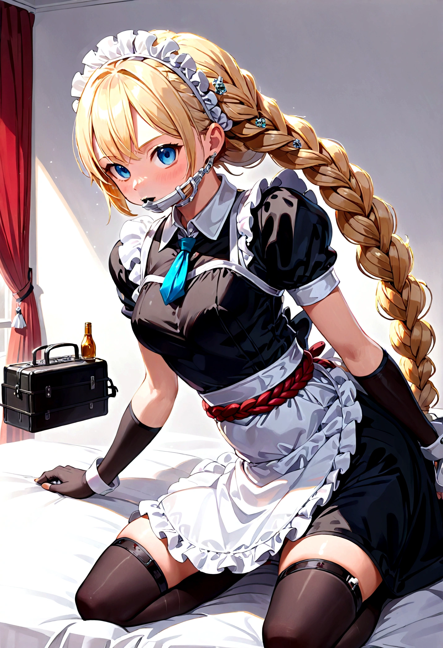 Shiny blond hair, very long hair, sophisticated haircut, ((((hair fully braided)))), ((small twisted braids)), thin and oval face, submissive, (((gagged))), ((((very cute maid girl)))), ((((very cute black maid dress)))), ((((cute waitress serving a blond man)))), cute and blushing 18 years old anime girl, look away because she is embarrassed and blushes, bright blue eyes, detailed face, detailed members, detailed arms, detailed hands, ((((sparkling diamond jewelry)))), tiara, ((makeup)), high heels, puffy sleeves, long gloves, long eyelashes, maid costume, maid dress, maid girl, Girl lying, tied by ropes, shackled, can no longer move, tied tightly, very hard tied up with lots of ropes, hampered by so many ropes that she can no longer move, bound hands and feet, ropes tie his whole body, tied extremely tightly and forcefully to her bed by a lot of ropes, its limbs are strongly tied together by ropes, his torso is tied up with thick cords, her chest is so tied up with ropes that it sticks out, her legs are tied tightly with thick ropes, his hands are tied behind his back with ropes, she can no longer move her feet, her hands which are tied by thick ropes, she desperately tries to free herself, likes to be tied tight with big ropes, likes to be immobilized by big ropes, lying down, his hands and feet are strongly tied to the railing of his bed, his legs are pressed together and tied with ropes, its limbs are held vigorously by imposing ropes, her hands are tied securely behind her back by ropes, her chest is compressed by strong ropes, she is pressed against her bed and restrained by large ropes (shibari, arms behind the back:1.4), (hands on the back), (masterpiece, best quality) 1.5, 1girl, solo, (sexy, beautiful woman, perfect face, perfect eyes, perfect hands), samus aran, (shibari, arms behind the back:1.4), (hands on the back), Spread the legs, s&#39; ((lie in bed by big ropes)), ((close up of the girl)), ((((lie in bed))))