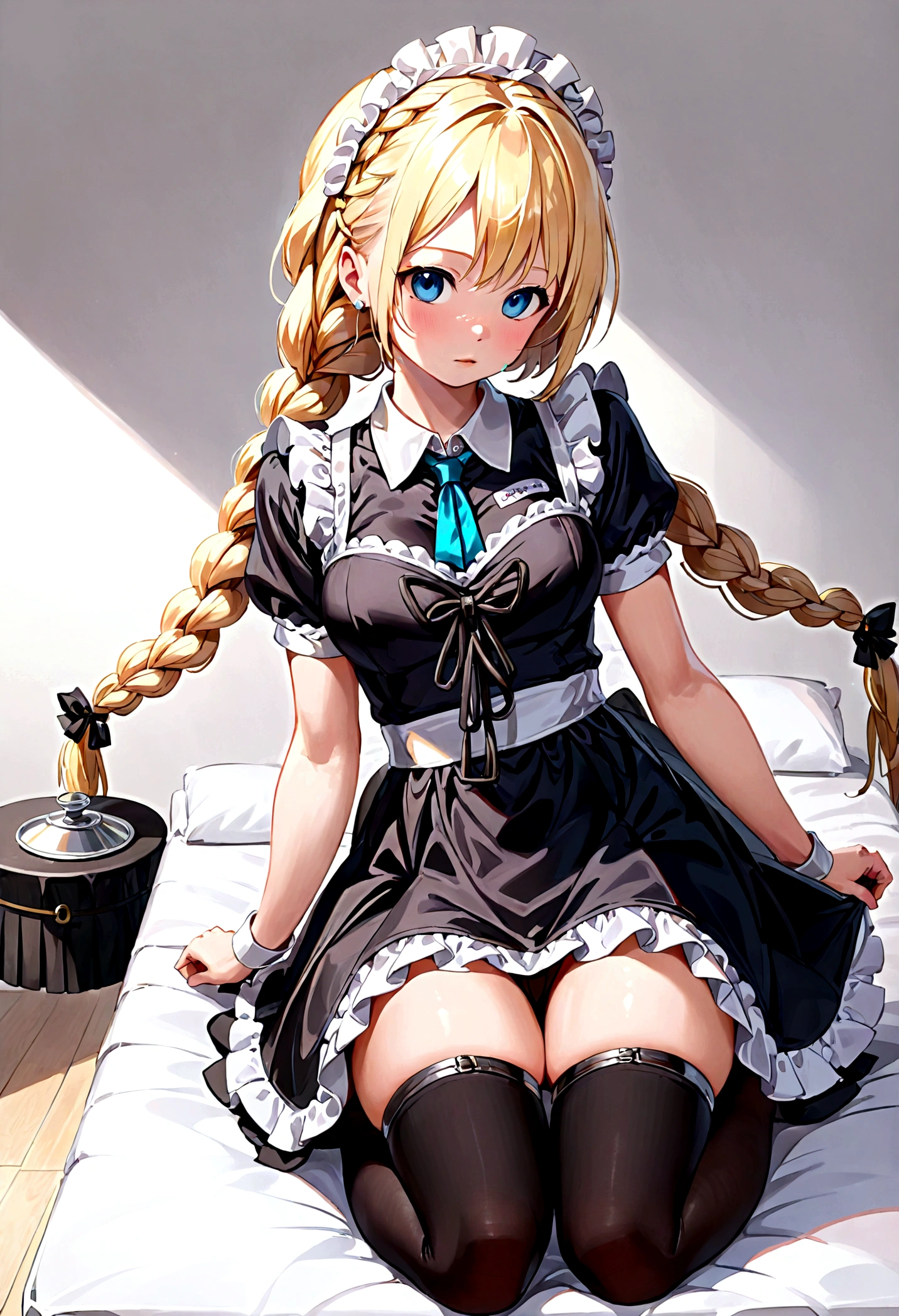 Shiny blond hair, very long hair, sophisticated haircut, ((((hair fully braided)))), ((small twisted braids)), thin and oval face, submissive, (((gagged))), ((((very cute maid girl)))), ((((very cute black maid dress)))), ((((cute waitress serving a blond man)))), cute and blushing 18 years old anime girl, look away because she is embarrassed and blushes, bright blue eyes, detailed face, detailed members, detailed arms, detailed hands, ((((sparkling diamond jewelry)))), tiara, ((makeup)), high heels, puffy sleeves, long gloves, long eyelashes, maid costume, maid dress, maid girl, Girl lying, tied by ropes, shackled, can no longer move, tied tightly, very hard tied up with lots of ropes, hampered by so many ropes that she can no longer move, bound hands and feet, ropes tie his whole body, tied extremely tightly and forcefully to her bed by a lot of ropes, its limbs are strongly tied together by ropes, his torso is tied up with thick cords, her chest is so tied up with ropes that it sticks out, her legs are tied tightly with thick ropes, his hands are tied behind his back with ropes, she can no longer move her feet, her hands which are tied by thick ropes, she desperately tries to free herself, likes to be tied tight with big ropes, likes to be immobilized by big ropes, lying down, his hands and feet are strongly tied to the railing of his bed, his legs are pressed together and tied with ropes, its limbs are held vigorously by imposing ropes, her hands are tied securely behind her back by ropes, her chest is compressed by strong ropes, she is pressed against her bed and restrained by large ropes (shibari, arms behind the back:1.4), (hands on the back), (masterpiece, best quality) 1.5, 1girl, solo, (sexy, beautiful woman, perfect face, perfect eyes, perfect hands), samus aran, (shibari, arms behind the back:1.4), (hands on the back), Spread the legs, s' ((lie in bed by big ropes)), ((close up of the girl)), ((((lie in bed))))