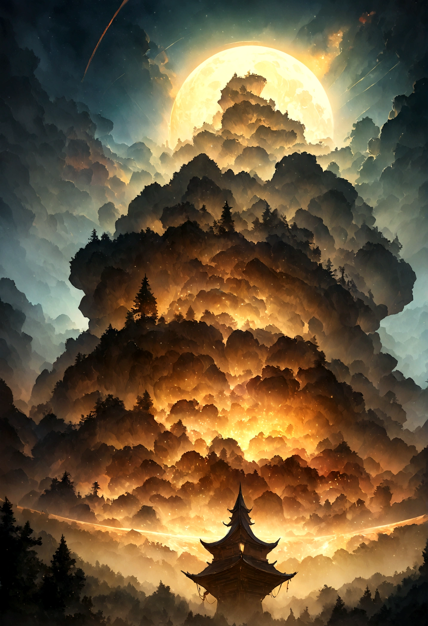 Buda meditando em uma cordilheira, lua, noite, Realidade, treetops, comet, Watercolor, trending on artstation, sharp focus, studio photo, intricate details, highly detailed, by greg rutkowsk, digital render, digital painting, beeple, noah bradley, cyril roland, ross tran, trending on artstation