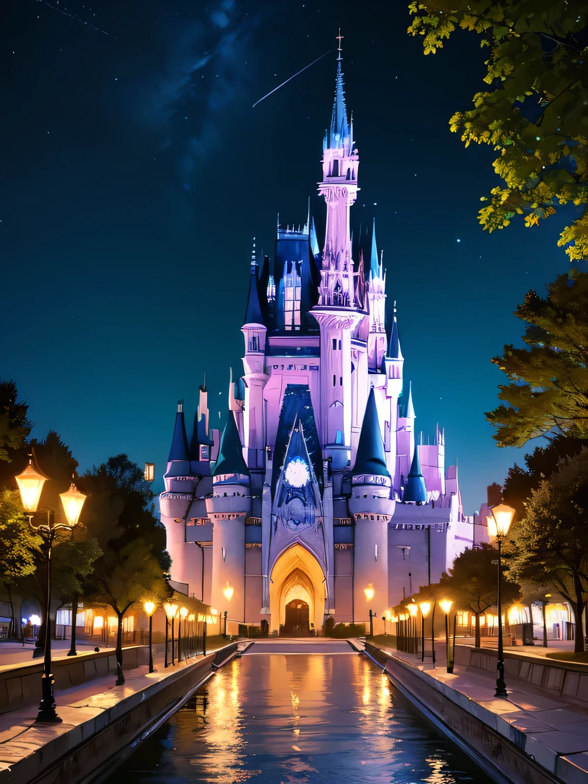 Chambord Castle,Beautiful digital art, Detailed painting 4k, Highly detailed digital painting, Rich, picturesque colors,Cinderella Castle,night,light up