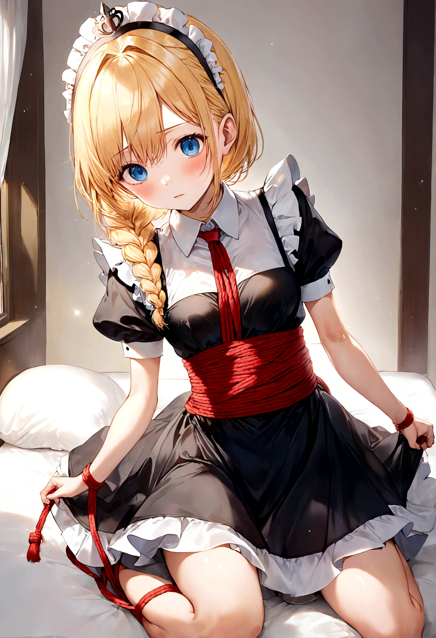 Shiny blond hair, very long hair, sophisticated haircut, ((((hair fully braided)))), ((small twisted braids)), thin and oval face, submissive, ((((very cute maid girl)))), ((((very cute black maid dress)))), ((((cute waitress serving a blond man)))), cute and blushing 18 years old anime girl, look away because she is embarrassed and blushes, bright blue eyes, detailed face, detailed members, detailed arms, detailed hands, ((((sparkling diamond jewelry)))), tiara, ((makeup)), high heels, puffy sleeves, long gloves, long eyelashes, maid costume, maid dress, maid girl, Girl lying, tied by ropes, shackled, can no longer move, tied tightly, very hard tied up with lots of ropes, hampered by so many ropes that she can no longer move, bound hands and feet, ropes tie his whole body, tied extremely tightly and forcefully to her bed by a lot of ropes, its limbs are strongly tied together by ropes, his torso is tied up with thick cords, her chest is so tied up with ropes that it sticks out, her legs are tied tightly with thick ropes, his hands are tied behind his back with ropes, she can no longer move her feet, her hands which are tied by thick ropes, she desperately tries to free herself, likes to be tied tight with big ropes, likes to be immobilized by big ropes, lying down, his hands and feet are strongly tied to the railing of his bed, his legs are pressed together and tied with ropes, its limbs are held vigorously by imposing ropes, her hands are tied securely behind her back by ropes, her chest is compressed by strong ropes, she is pressed against her bed and restrained by large ropes (shibari, arms behind the back:1.4), (hands on the back), (masterpiece, best quality) 1.5, 1girl, solo, (sexy, beautiful woman, perfect face, perfect eyes, perfect hands), samus aran, (shibari, arms behind the back:1.4), (hands on the back), Spread the legs, s&#39; ((lie in bed by big ropes)), ((close up of the girl)), ((((lie in bed))))