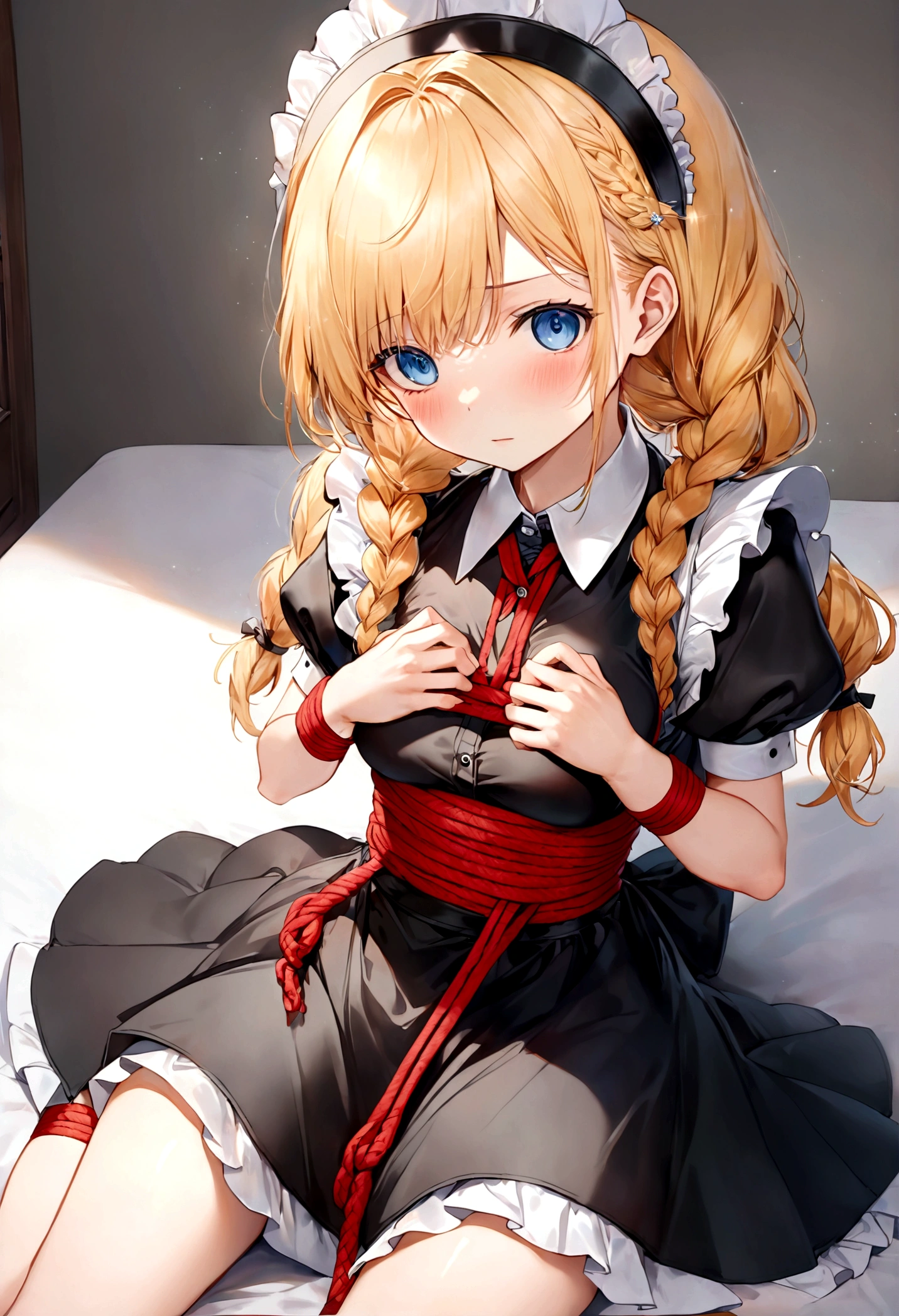 Shiny blond hair, very long hair, sophisticated haircut, ((((hair fully braided)))), ((small twisted braids)), thin and oval face, submissive, ((((very cute maid girl)))), ((((very cute black maid dress)))), ((((cute waitress serving a blond man)))), cute and blushing 18 years old anime girl, look away because she is embarrassed and blushes, bright blue eyes, detailed face, detailed members, detailed arms, detailed hands, ((((sparkling diamond jewelry)))), tiara, ((makeup)), high heels, puffy sleeves, long gloves, long eyelashes, maid costume, maid dress, maid girl, Girl lying, tied by ropes, shackled, can no longer move, tied tightly, very hard tied up with lots of ropes, hampered by so many ropes that she can no longer move, bound hands and feet, ropes tie his whole body, tied extremely tightly and forcefully to her bed by a lot of ropes, its limbs are strongly tied together by ropes, his torso is tied up with thick cords, her chest is so tied up with ropes that it sticks out, her legs are tied tightly with thick ropes, his hands are tied behind his back with ropes, she can no longer move her feet, her hands which are tied by thick ropes, she desperately tries to free herself, likes to be tied tight with big ropes, likes to be immobilized by big ropes, lying down, his hands and feet are strongly tied to the railing of his bed, his legs are pressed together and tied with ropes, its limbs are held vigorously by imposing ropes, her hands are tied securely behind her back by ropes, her chest is compressed by strong ropes, she is pressed against her bed and restrained by large ropes (shibari, arms behind the back:1.4), (hands on the back), (masterpiece, best quality) 1.5, 1girl, solo, (sexy, beautiful woman, perfect face, perfect eyes, perfect hands), samus aran, (shibari, arms behind the back:1.4), (hands on the back), Spread the legs, s&#39; ((lie in bed by big ropes)), ((close up of the girl)), ((((lie in bed))))